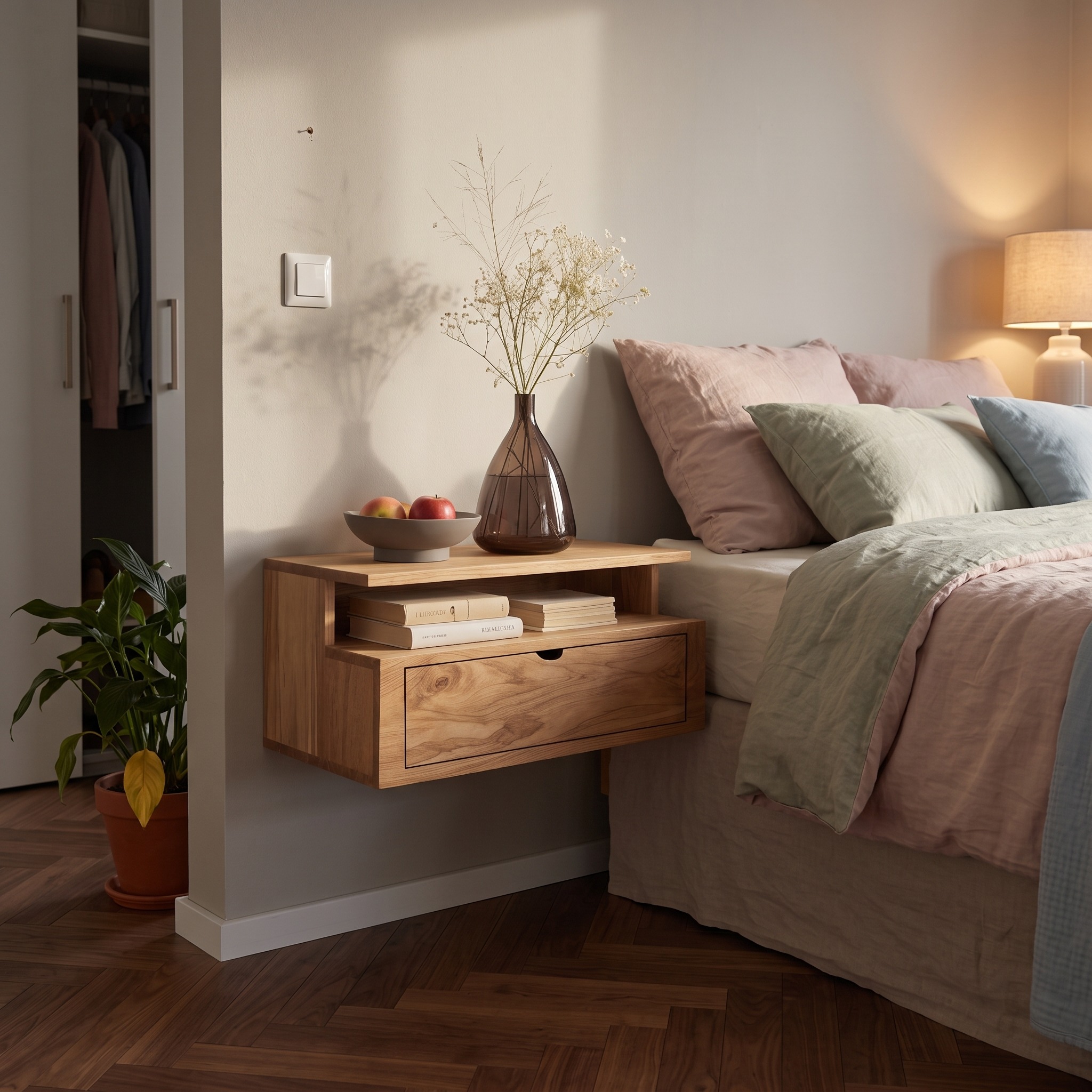 Floating Wooden Nightstand with Drawer & Shelf, Minimalist Solid Wood Wall-Mounted Bedside Table for Bedroom