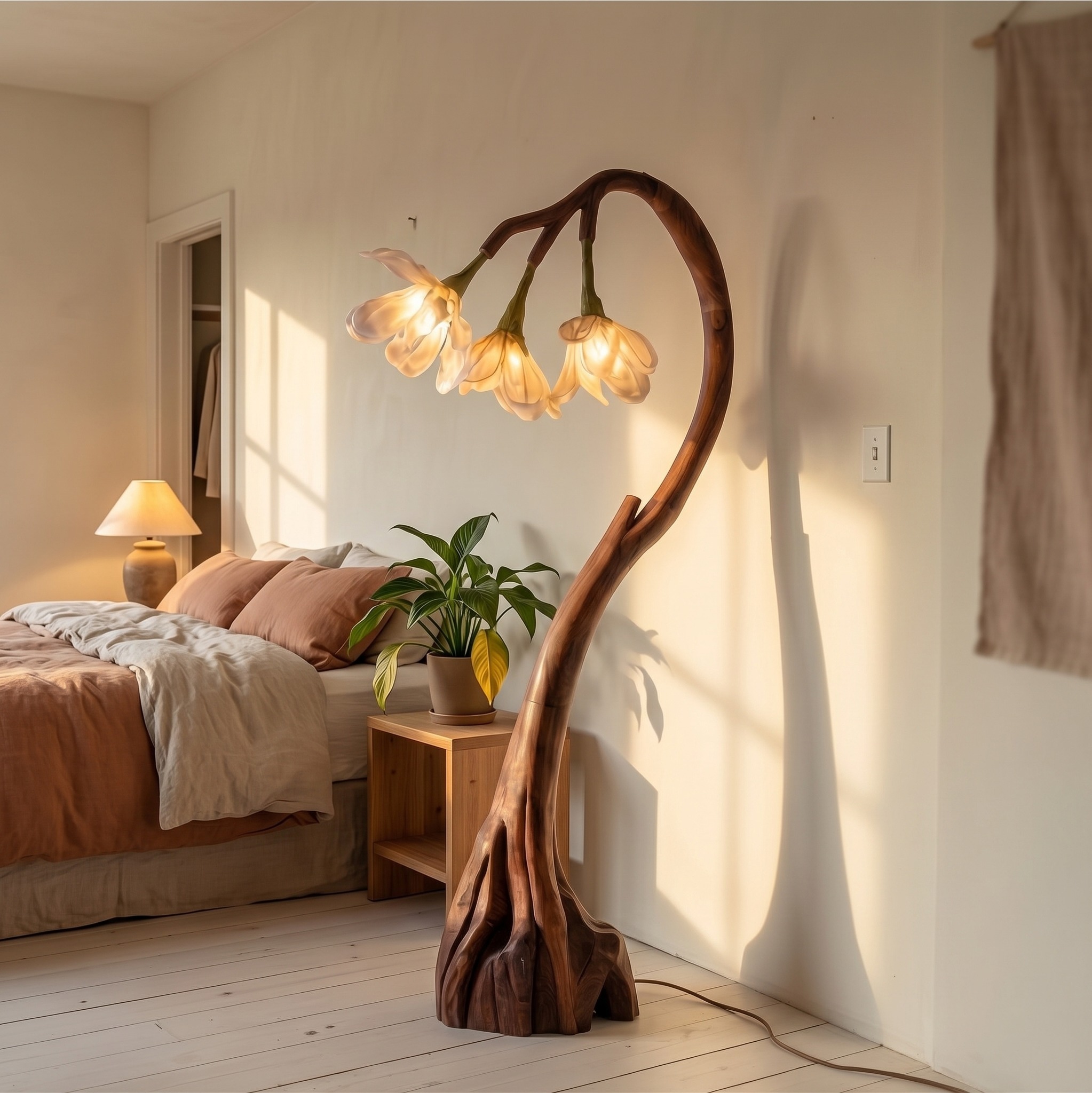 Floral Floor Lamp with Organic Wood Base, Handcrafted Flower Shape Tall Standing Reading Light for Cozy Living Room