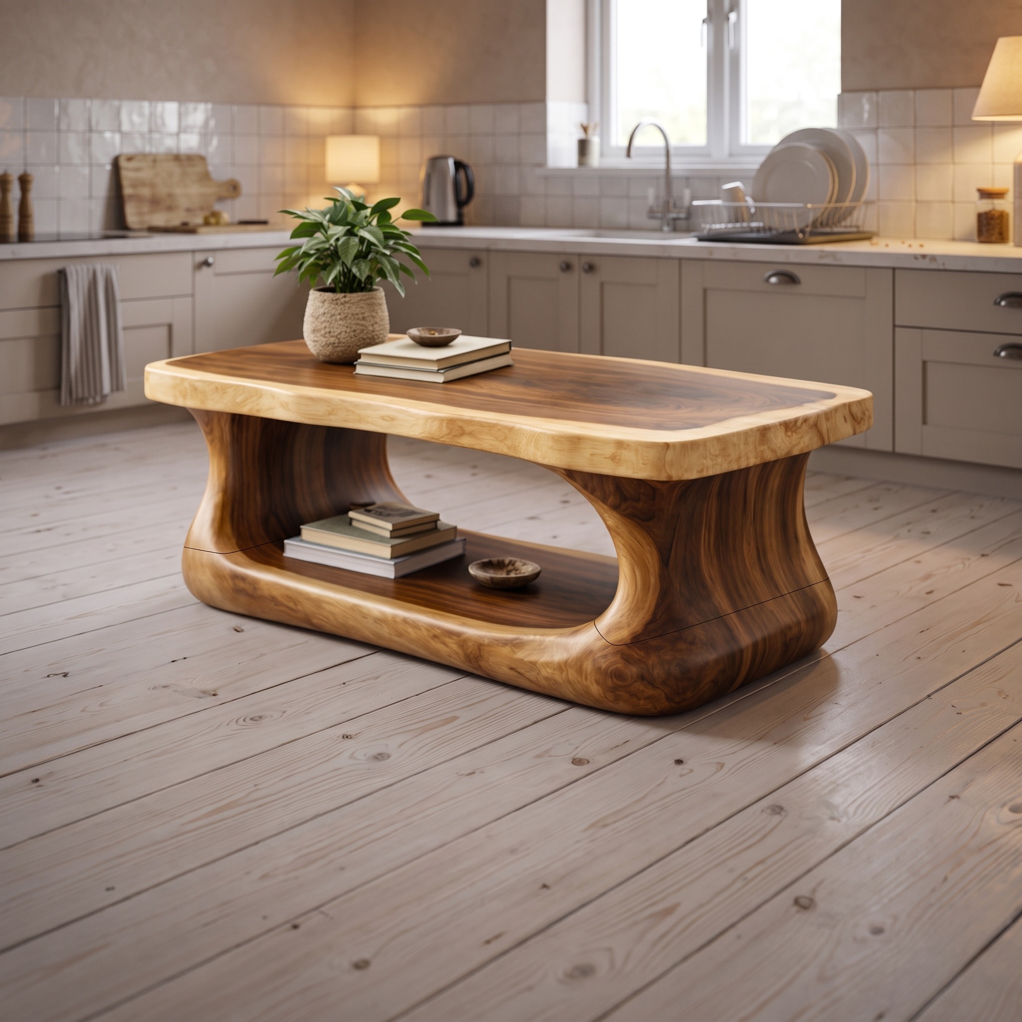 Flow Form Solid Wood Coffee Table, Sculpted Base Contemporary Center Table for Luxury Living Room Interior