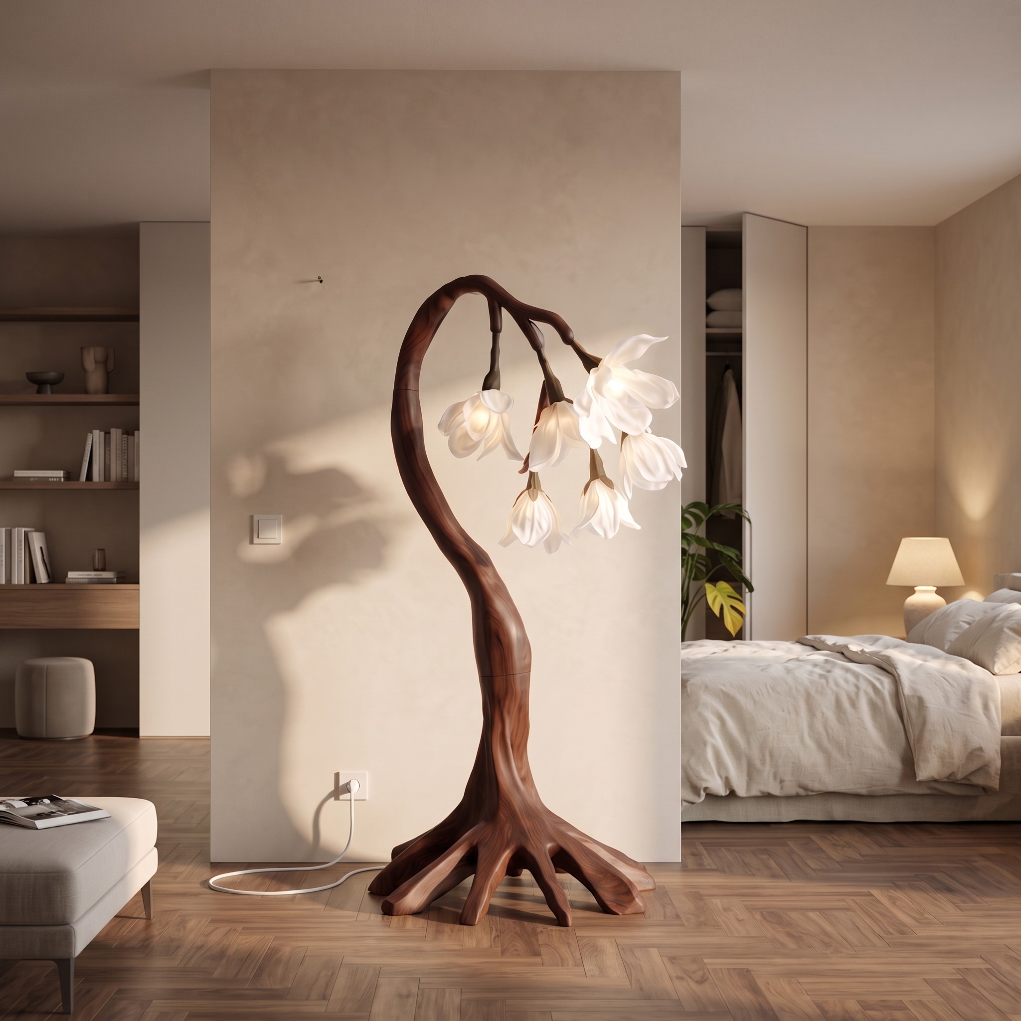 Flower Petal Floor Lamp, Solid Wood Sculptural Base, Botanical Tall Standing Lighting for Living Room & Bedroom