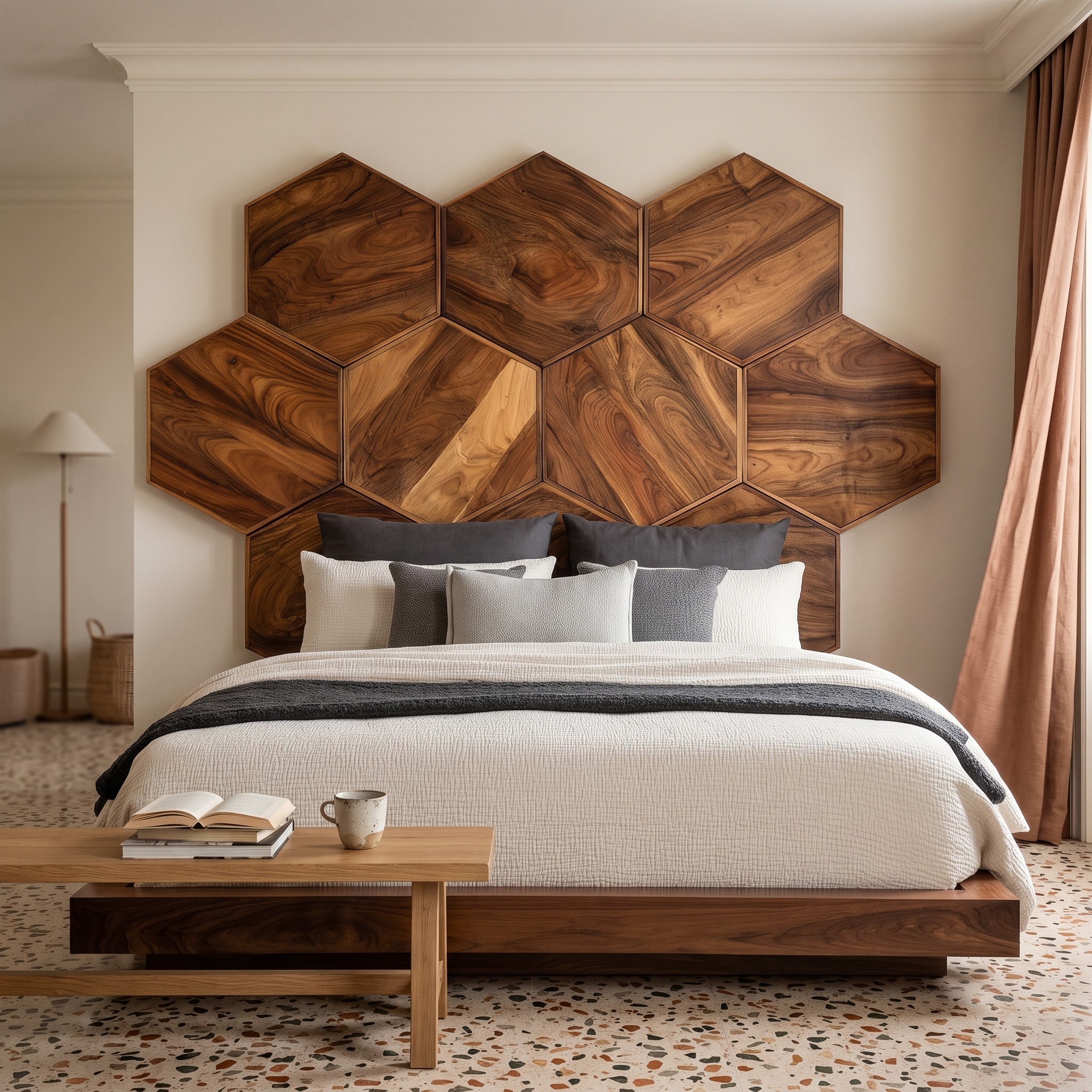 Geometric Hexagon Reclaimed Wood Headboard, Handcrafted Modern Mosaic Bed Backboard Panel for King & Queen Bed