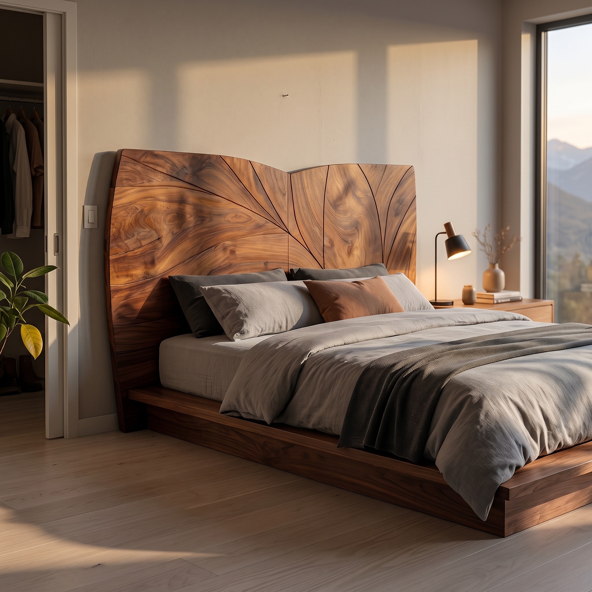 Geometric Walnut Wood Headboard, Handcrafted Modern Loft Mosaic Bed Headboard for King & Queen Beds, Wall Accent