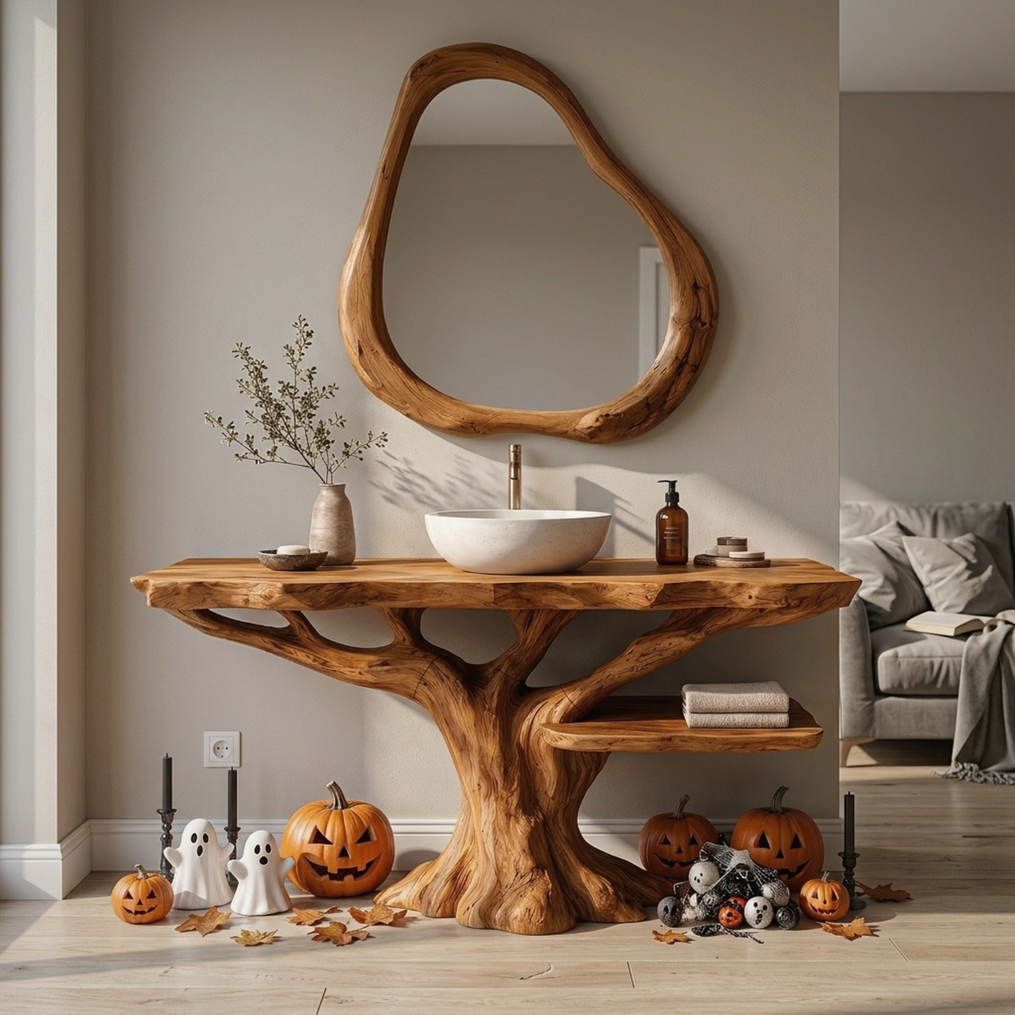 Gothic Halloween Bathroom Vanity with Lower Display Shelf for Bathroom