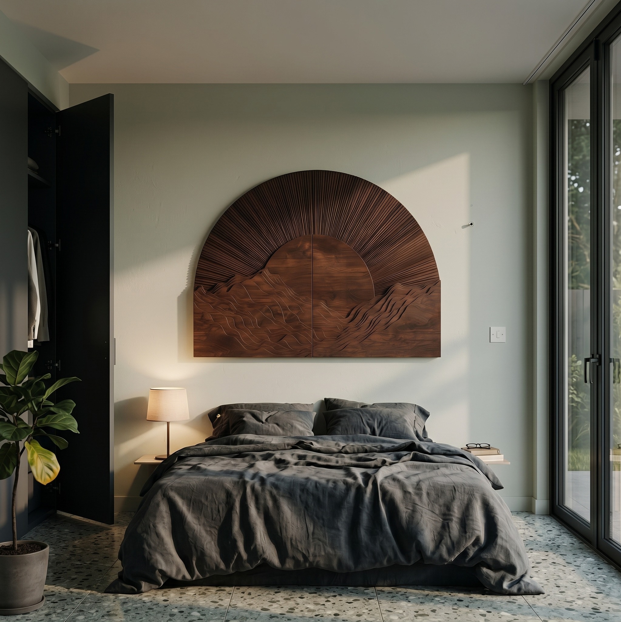Half Moon Wall Art, Sunburst Carved Wood Panel Decor for Modern Living Room, Hallway and Entryway