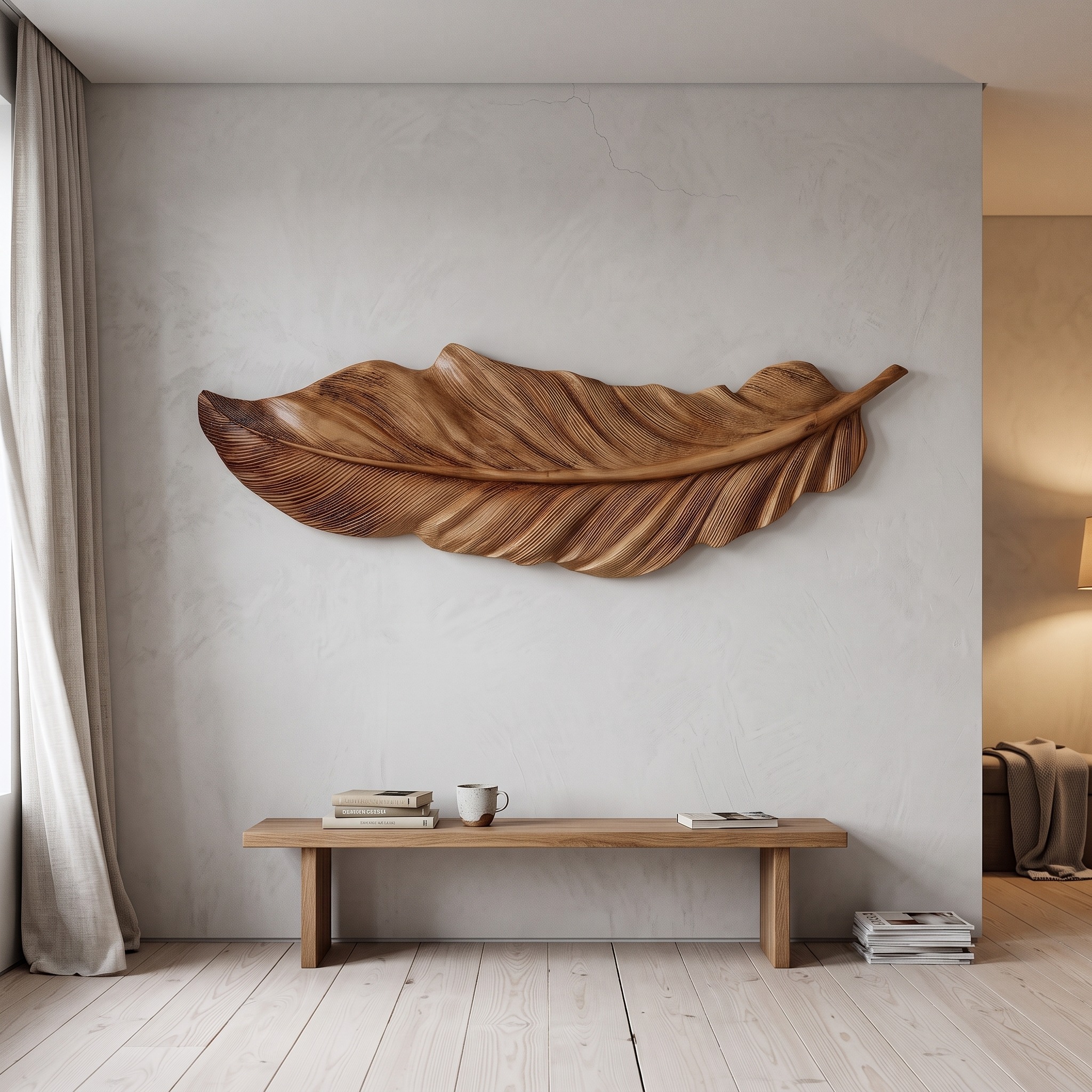 Hand-Carved Feather Wall Art, 3D Natural Wood Feather Sculpture Panel for Modern Home & Living Room Decor