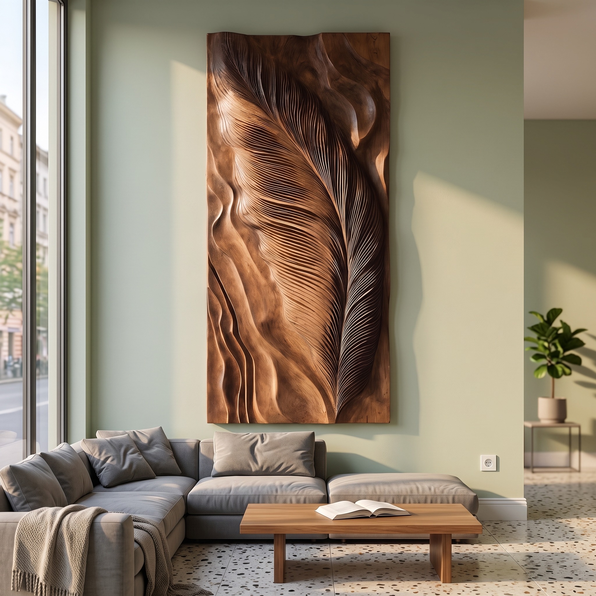 Hand-Carved Feather Wood Wall Art, 3D Natural Wooden Feather Sculpture Panel for Modern Living Room