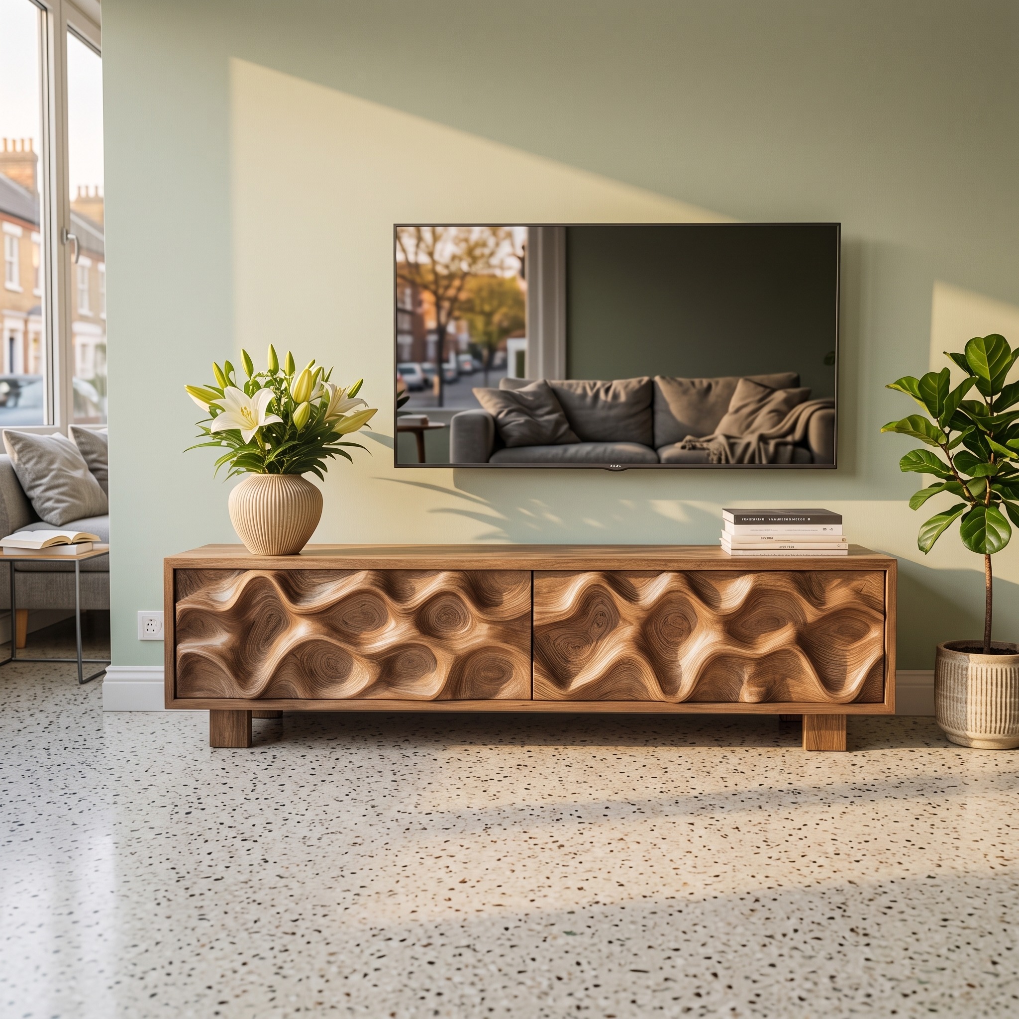 Hand-Carved TV Stand, Artistic Wave Design Solid Wood Media Entertainment Console Table for Modern Living Room