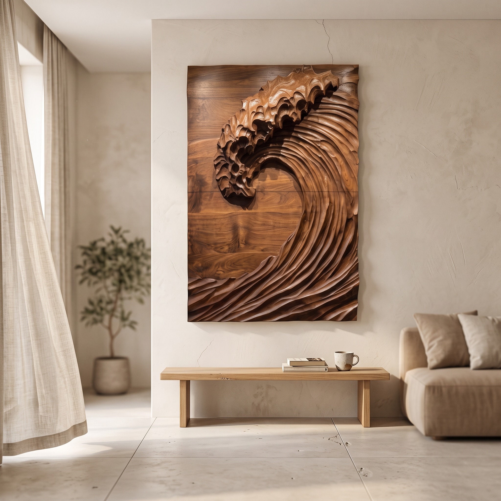 Hand Carved Wave Wall Art, 3D Flowing Ripple Wood Wall Hanging Sculpture Panel for Modern Living Room Decor