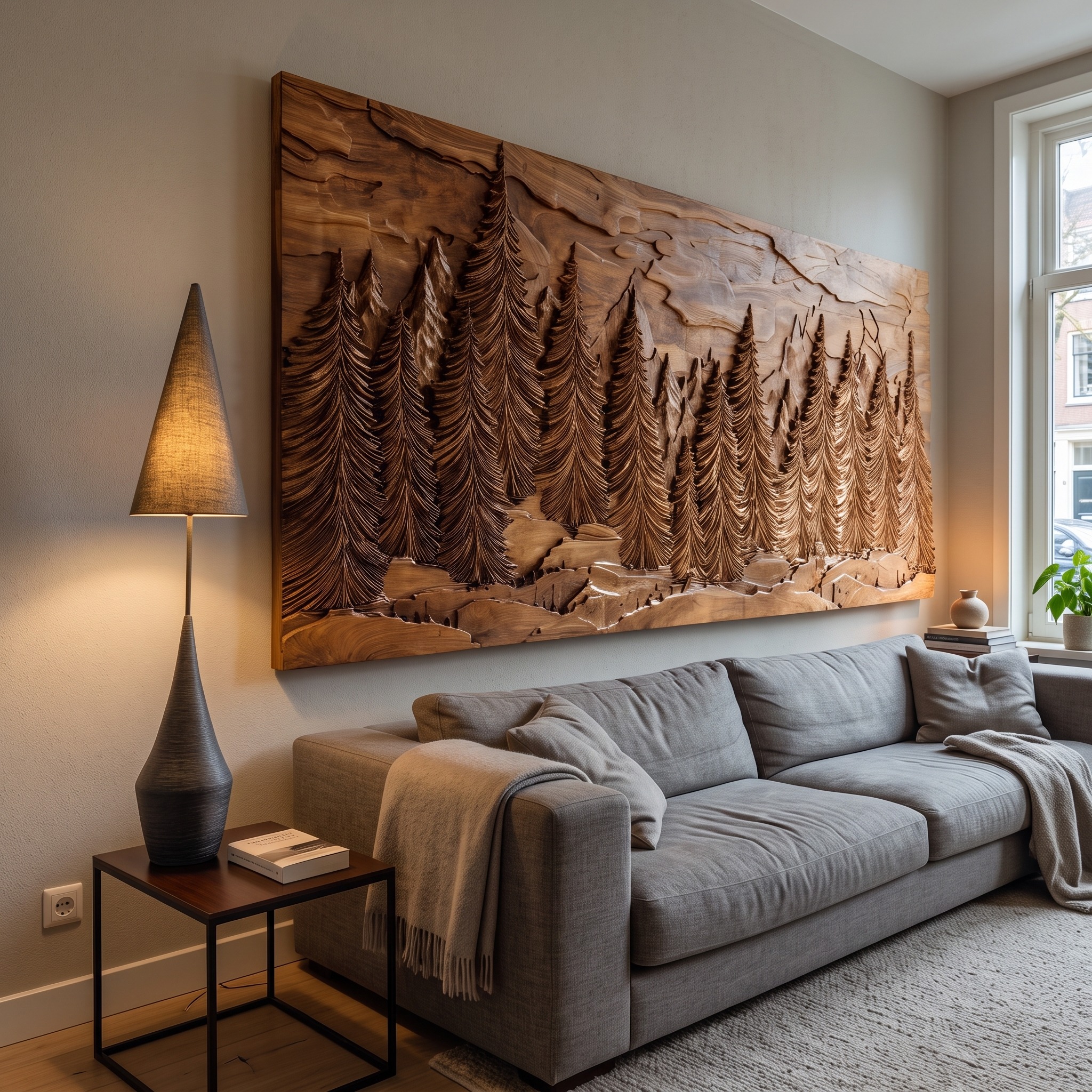Hand Carved Wood Wall Art, 3D Forest Landscape Nature Scene Hanging Sculpture Panel for Living Room