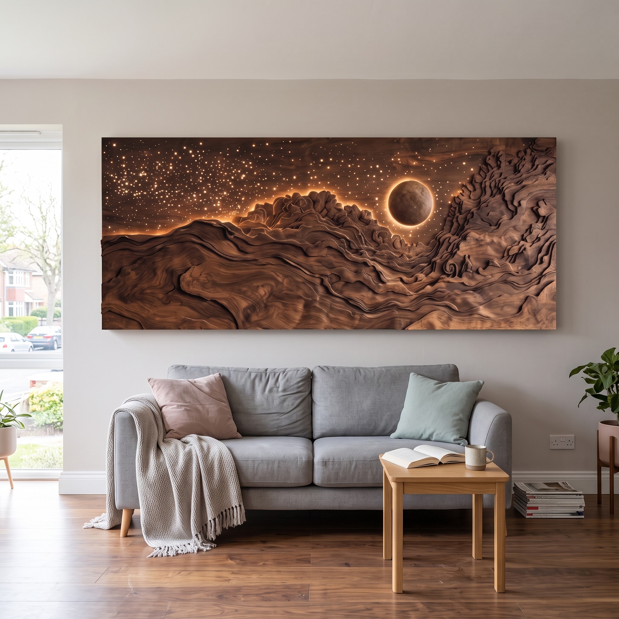 Hand Carved Wood Wall Art with Eclipse Light, Modern Wooden Sculpture Panel for Living Room Decor