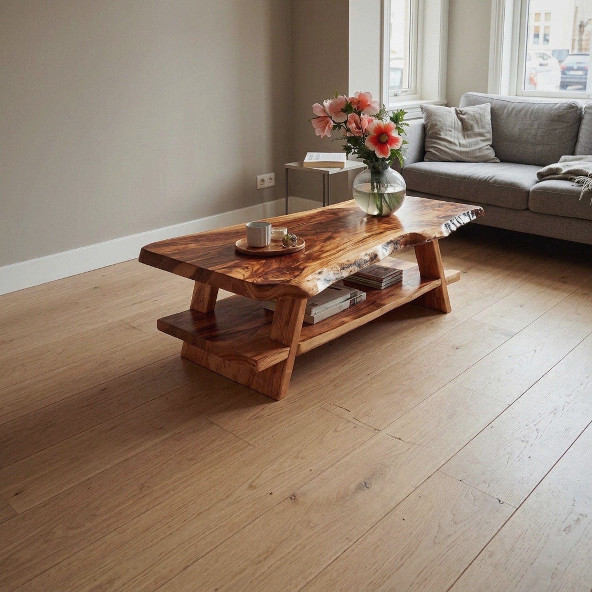 Handcrafted Coffee Table Live Edge and Lower Shelf for Living