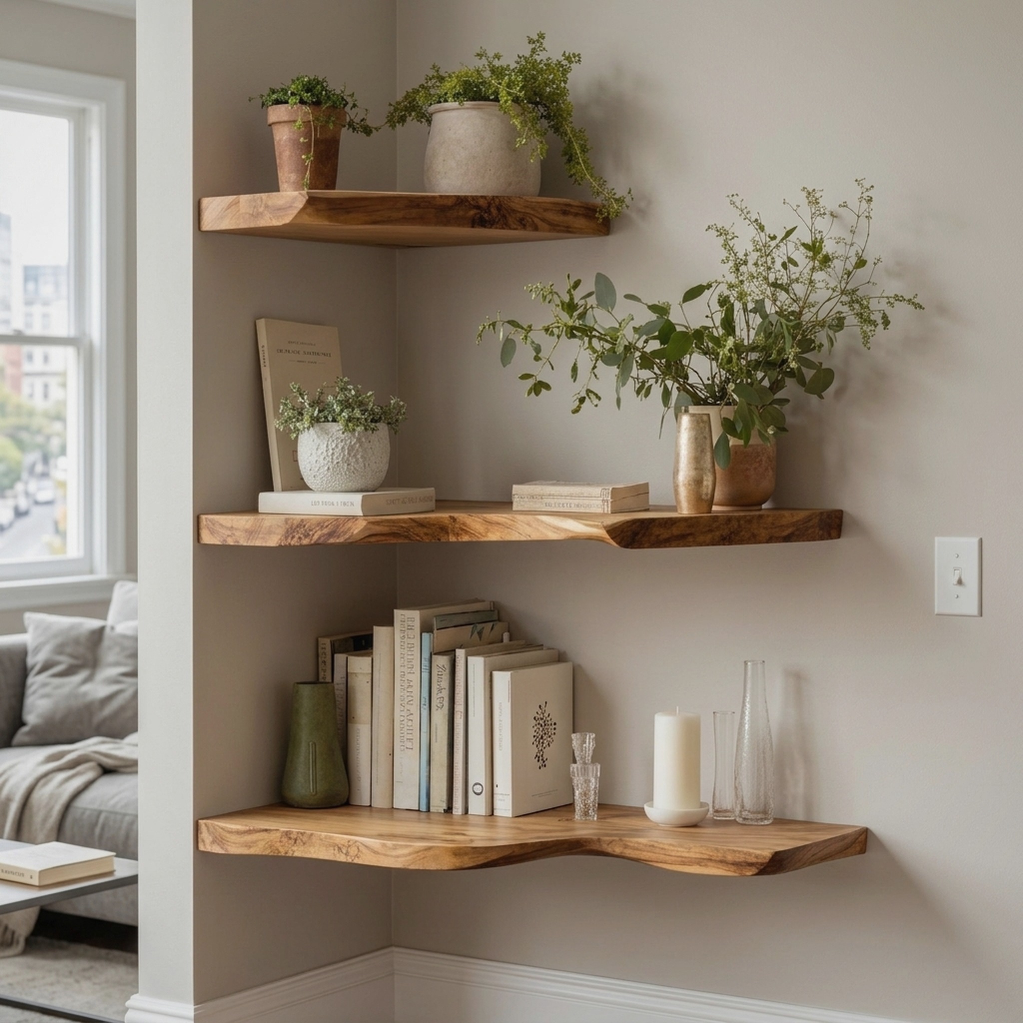 Handcrafted Corner Bookshelf Indoor Design Ideas