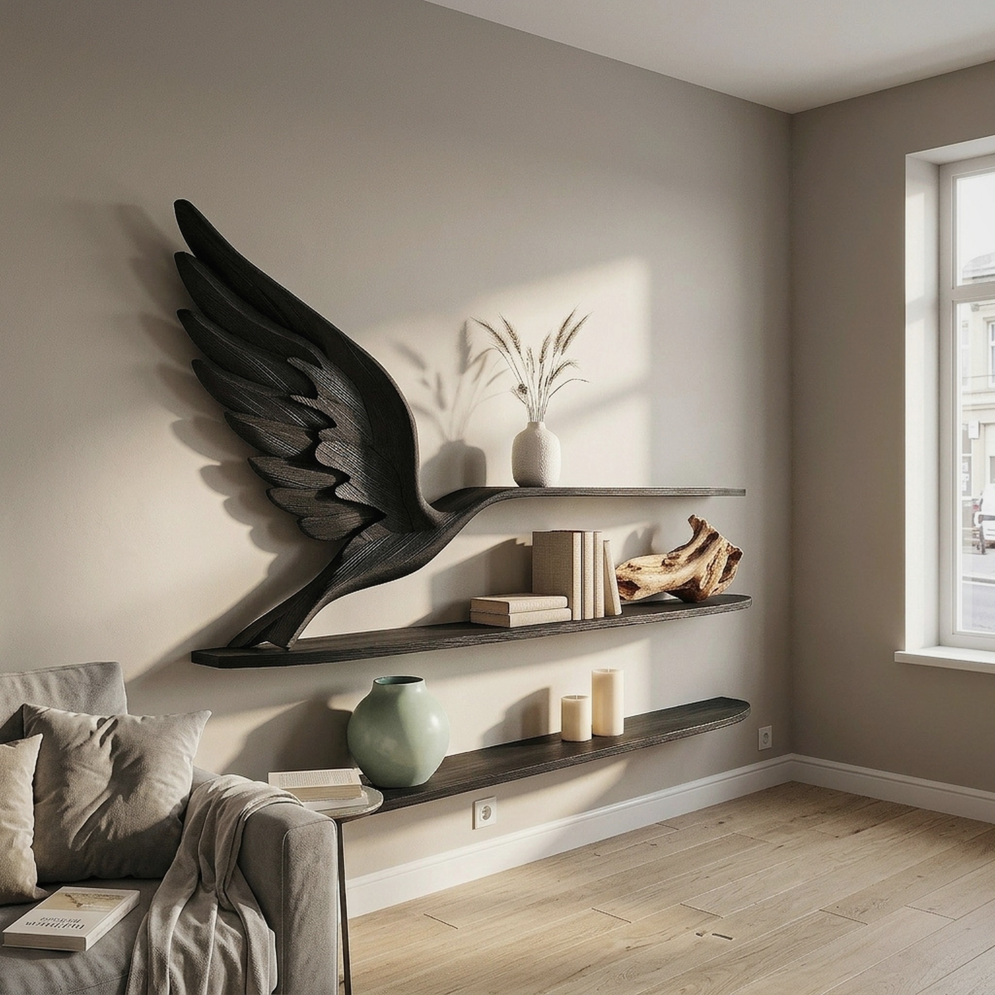 Handcrafted Eagle Wing Floating Shelf with Wooden Display Shelves for Living Room