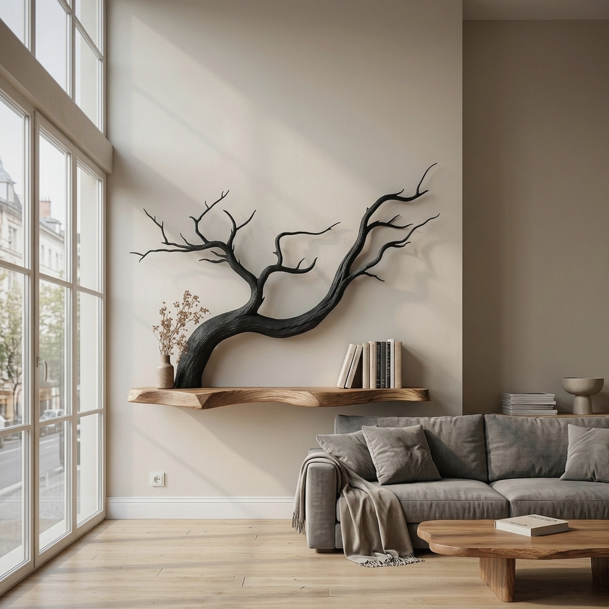 Handcrafted Floating Shelf with Sculptural Tree Branch Form for Living Room