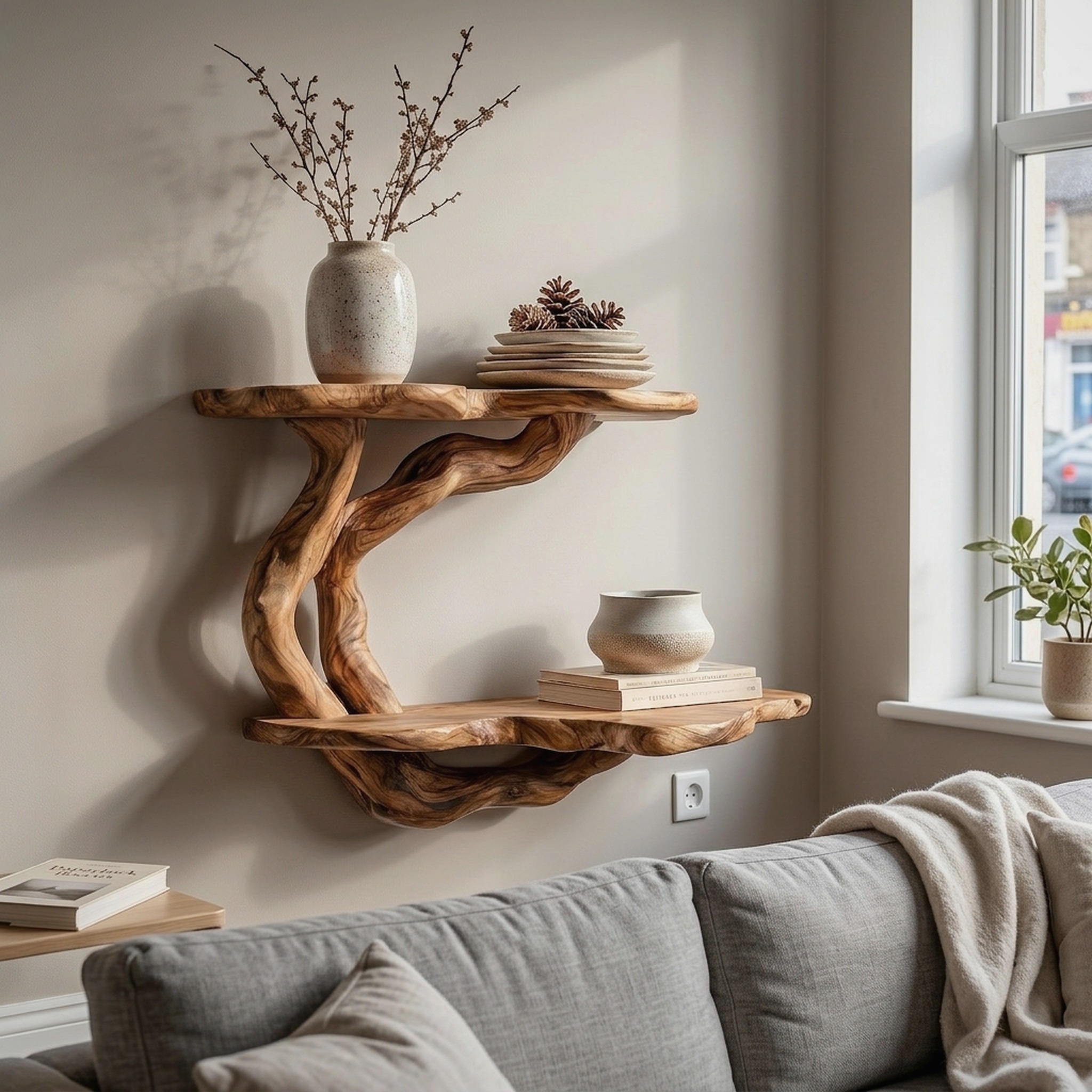 Handcrafted Floating Shelf with Sculptural Tree Form for Living Room Decor