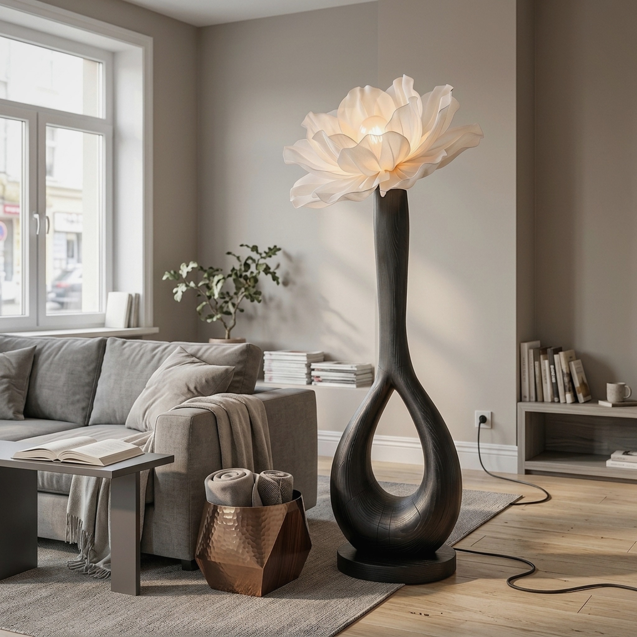 Handcrafted Floor Lamp with Blooming Flower Sculpture for Living Room