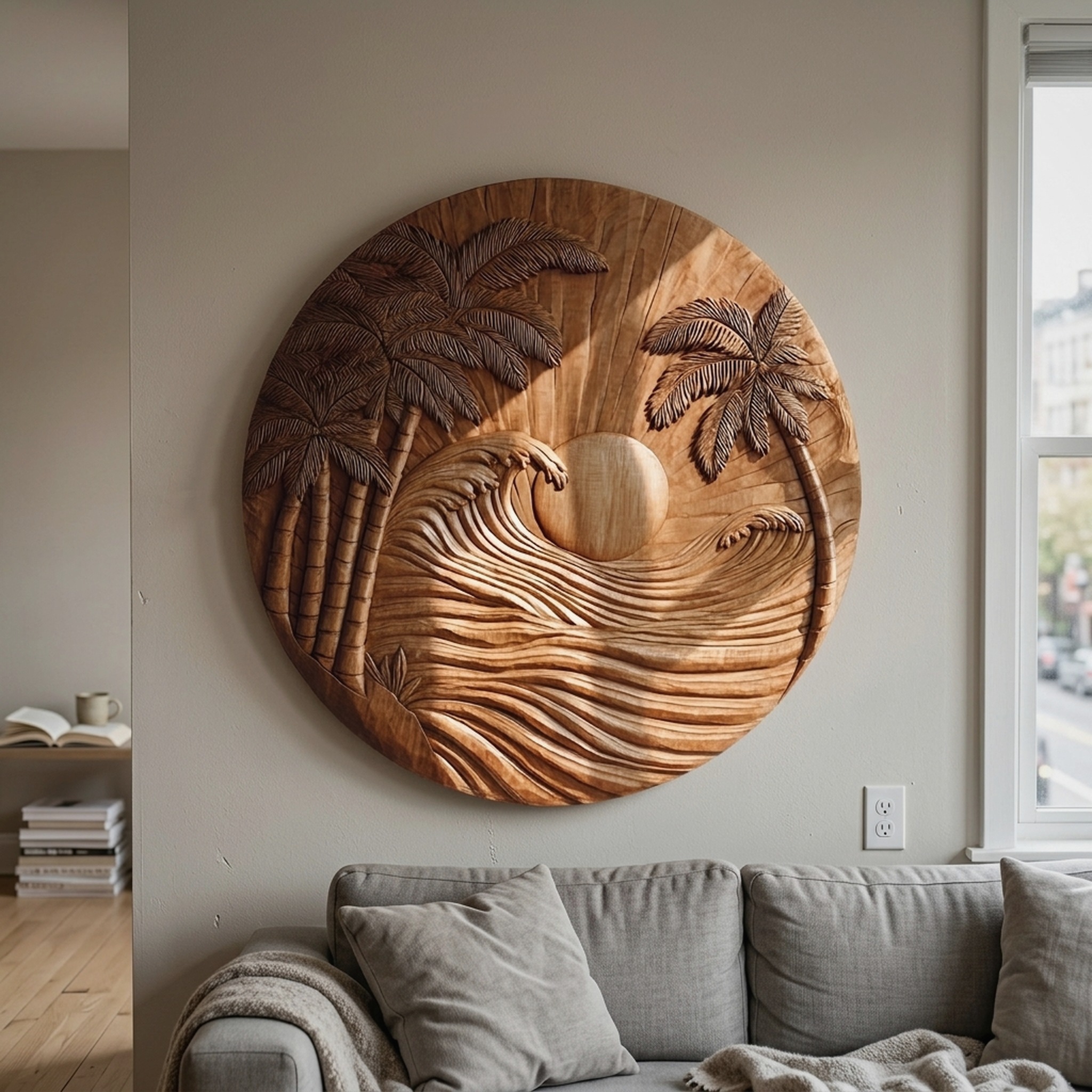 Handcrafted Floral Wooden Wall Sculpture, Carved Flower Mandala Wood Wall Art Decor, Elegant Botanical Ornament for Living Room