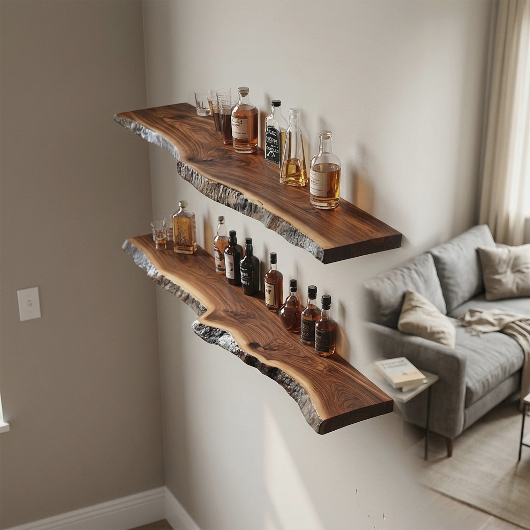 Handcrafted Live Edge Bar Shelf Solid Wood Dining Room Interior Storage