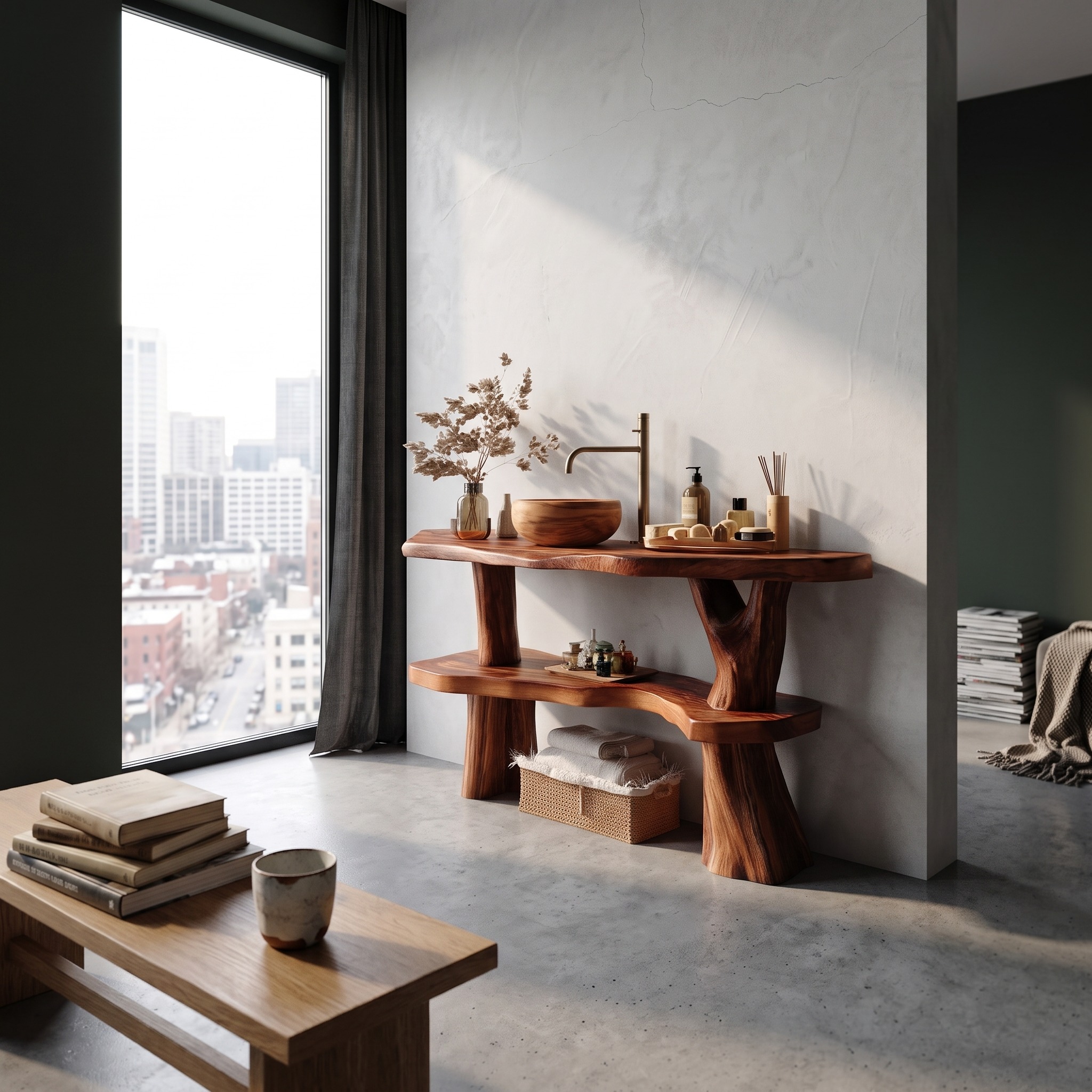 Handcrafted Live Edge Bathroom Vanity, Solid Wood Slab Sink Console Table for Modern Bathroom Remodel