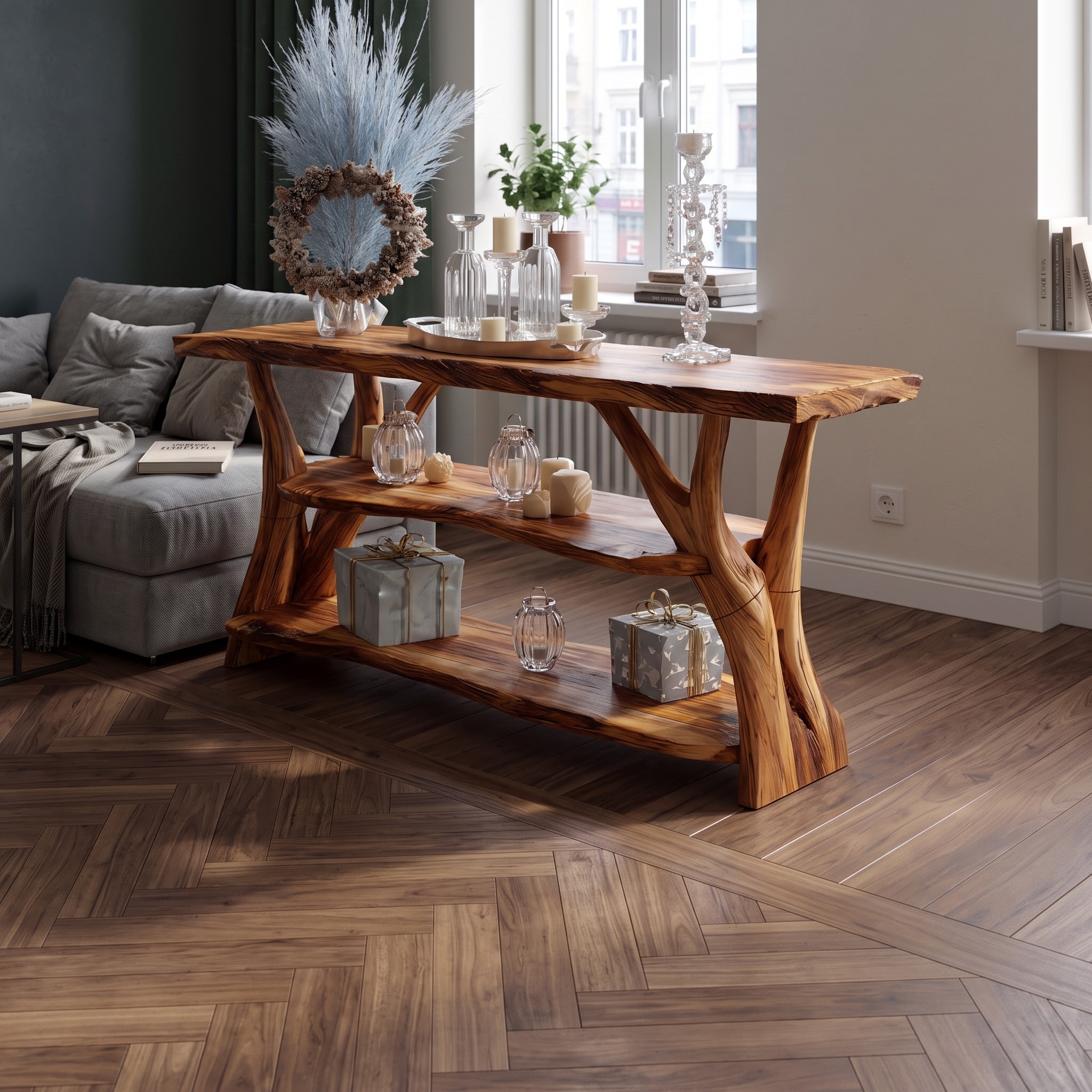 Handcrafted Live Edge Entryway Table, Natural Wood Slab Console Table, Rustic Hallway Behind Sofa Table
