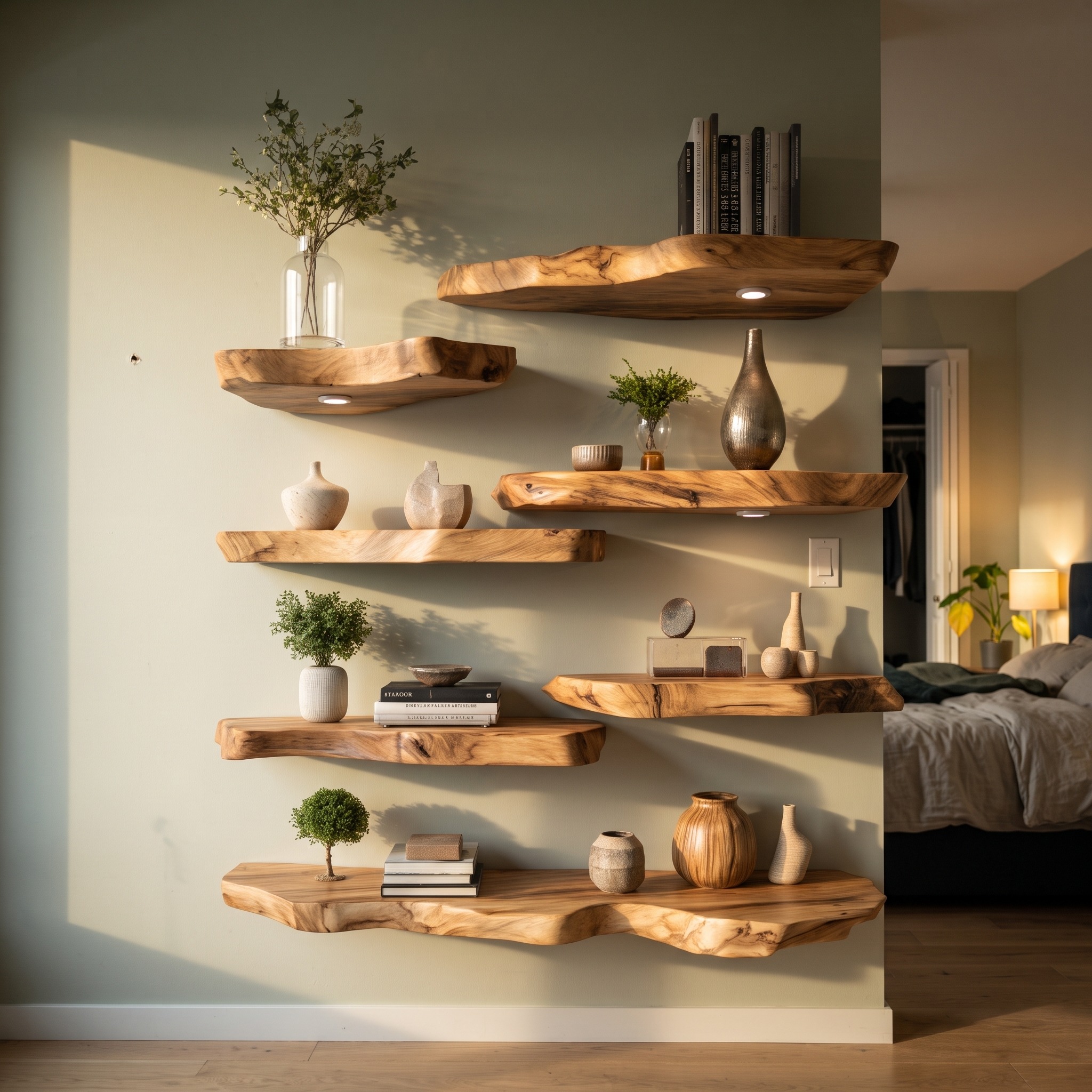 Handcrafted Live Edge Floating Wood Display Shelf, Wall Mounted Rustic Bookshelf Decor for Study Room, Lounge or Bedroom