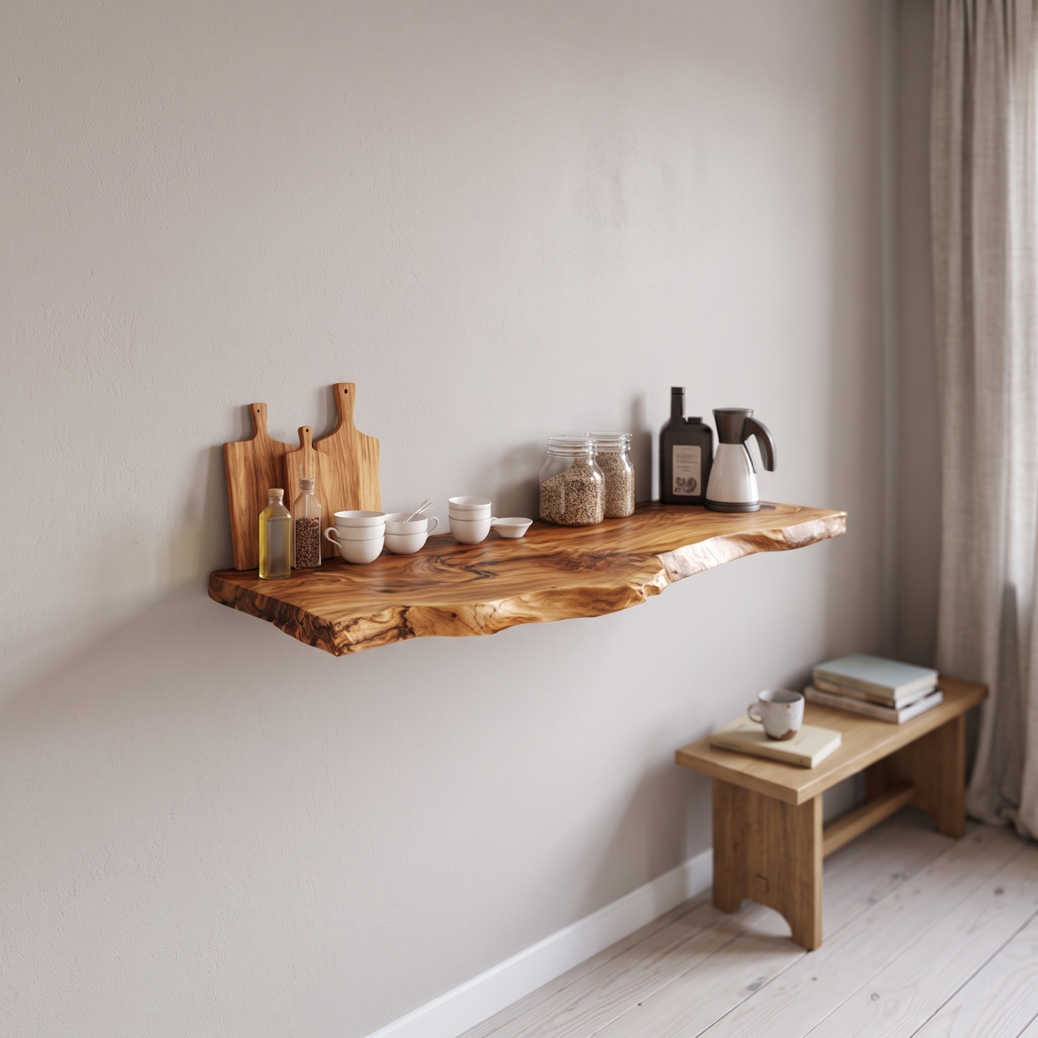 Handcrafted Live Edge Floating Wood Shelf, Wall Mounted Rustic Kitchen Storage Organizer & Cup Mug Plant Display Ledge