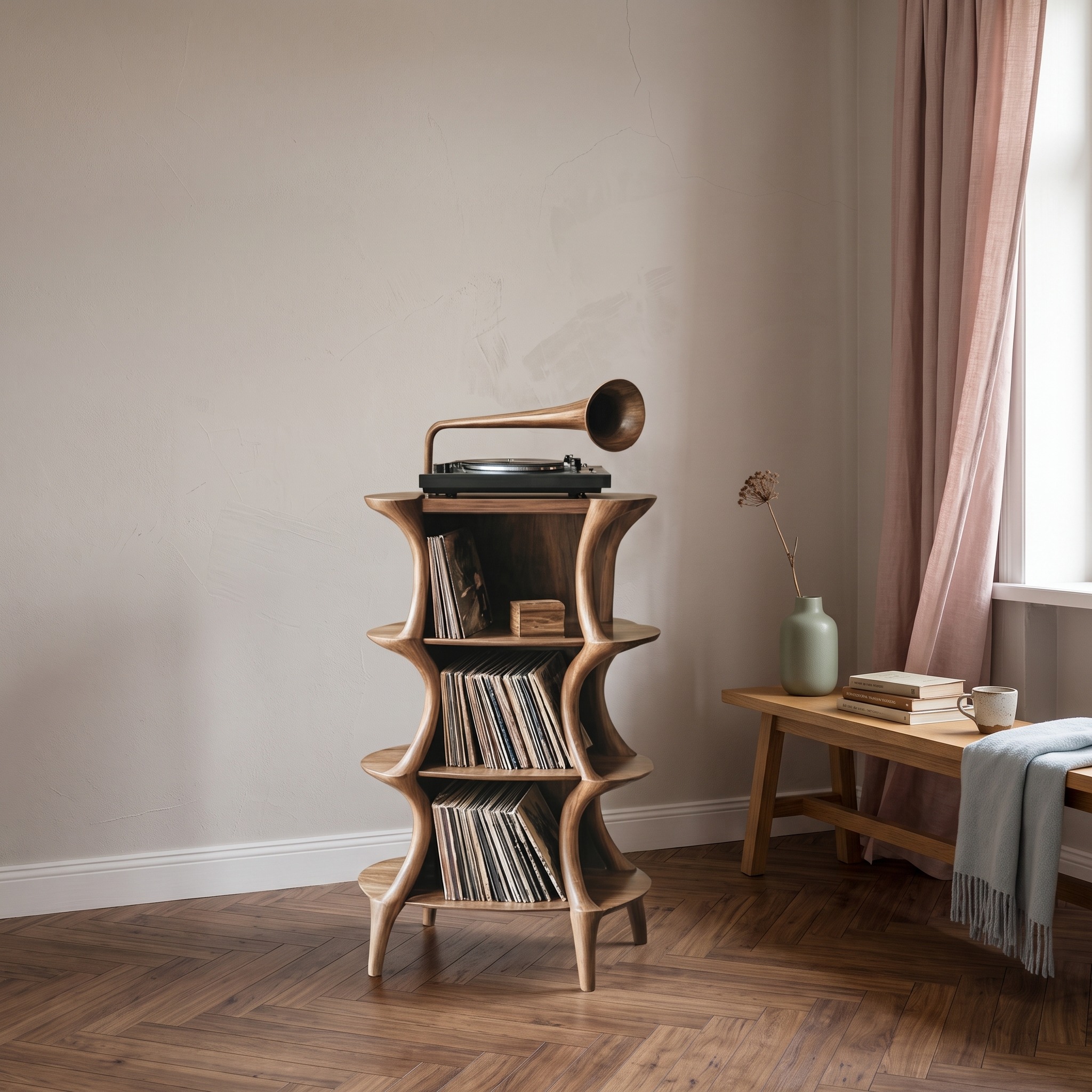 Handcrafted Live Edge Record Player Stand, Vinyl Storage Console Table, Rustic Wooden Turntable Credenza