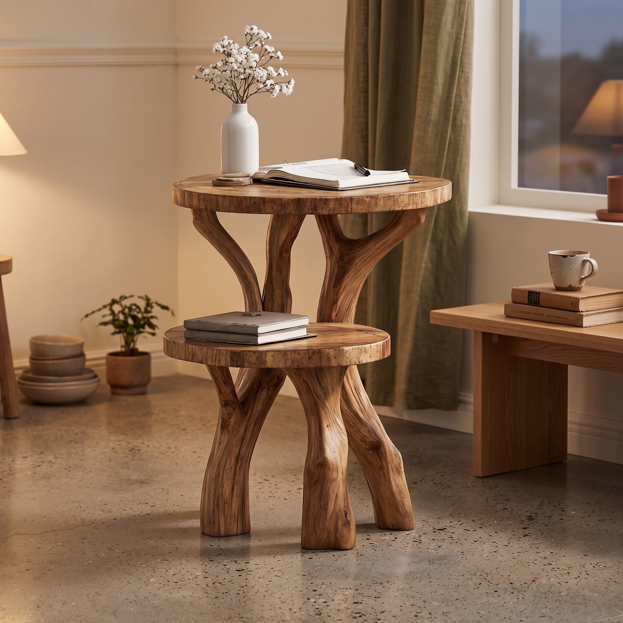 Handcrafted Live Edge Solid Wood End Table, Natural Slab Side Table & Nightstand for Living Room & Bedroom