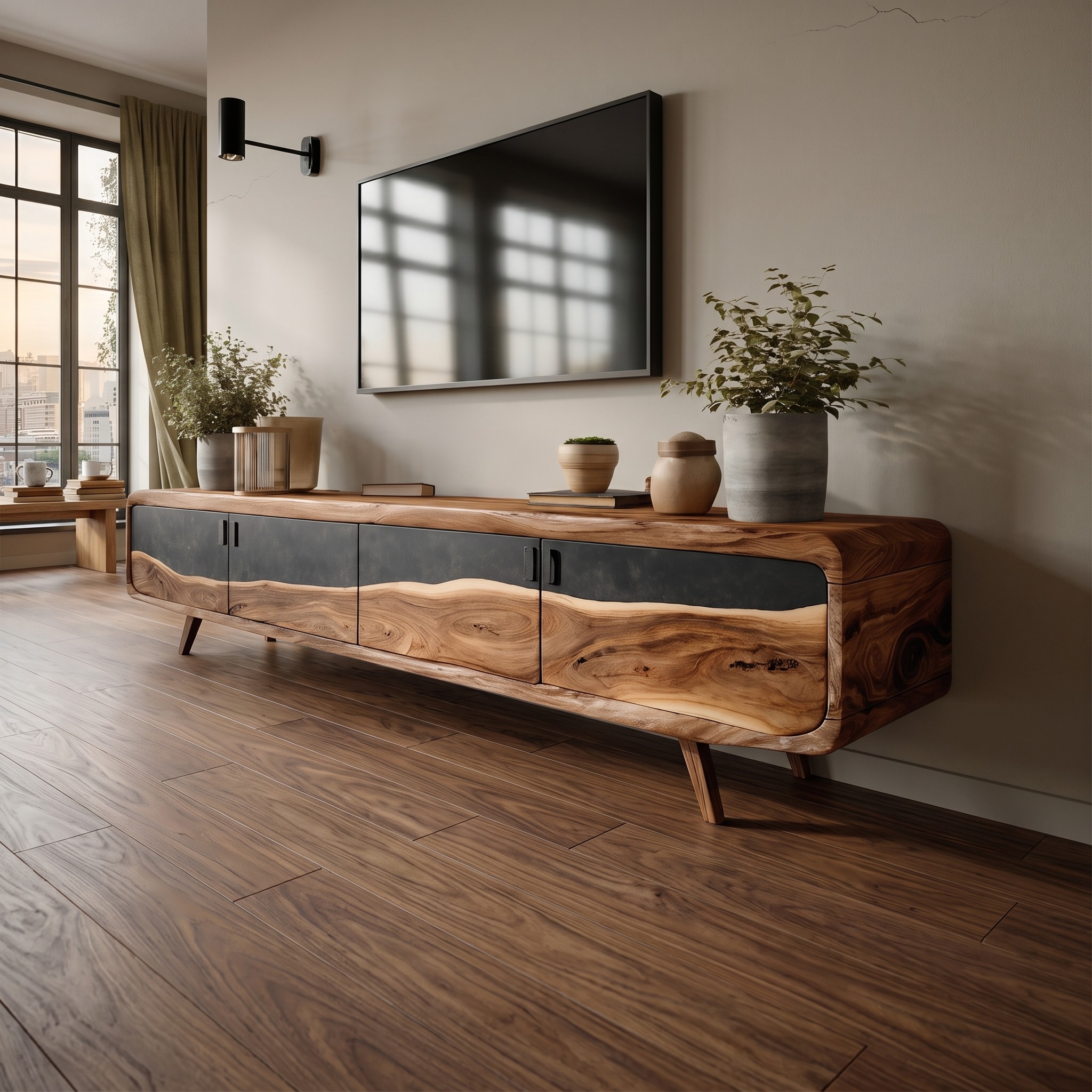 Handcrafted Live Edge TV Console, Natural Slab Wood Entertainment Center & Rustic Media Stand Cabinet