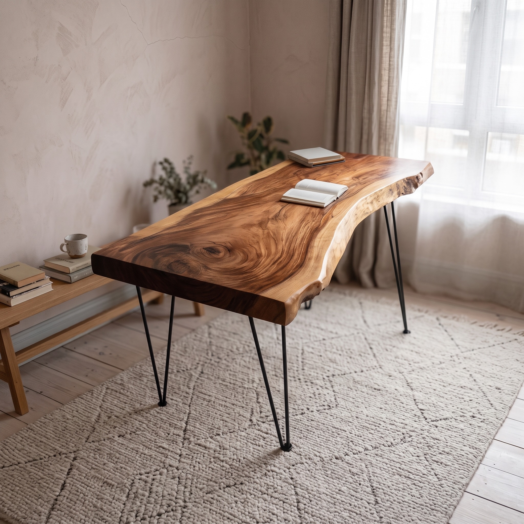 Handcrafted Live Edge Wood Desk, Solid Wood Computer Study Writing Table for Modern Living Room and Home Office