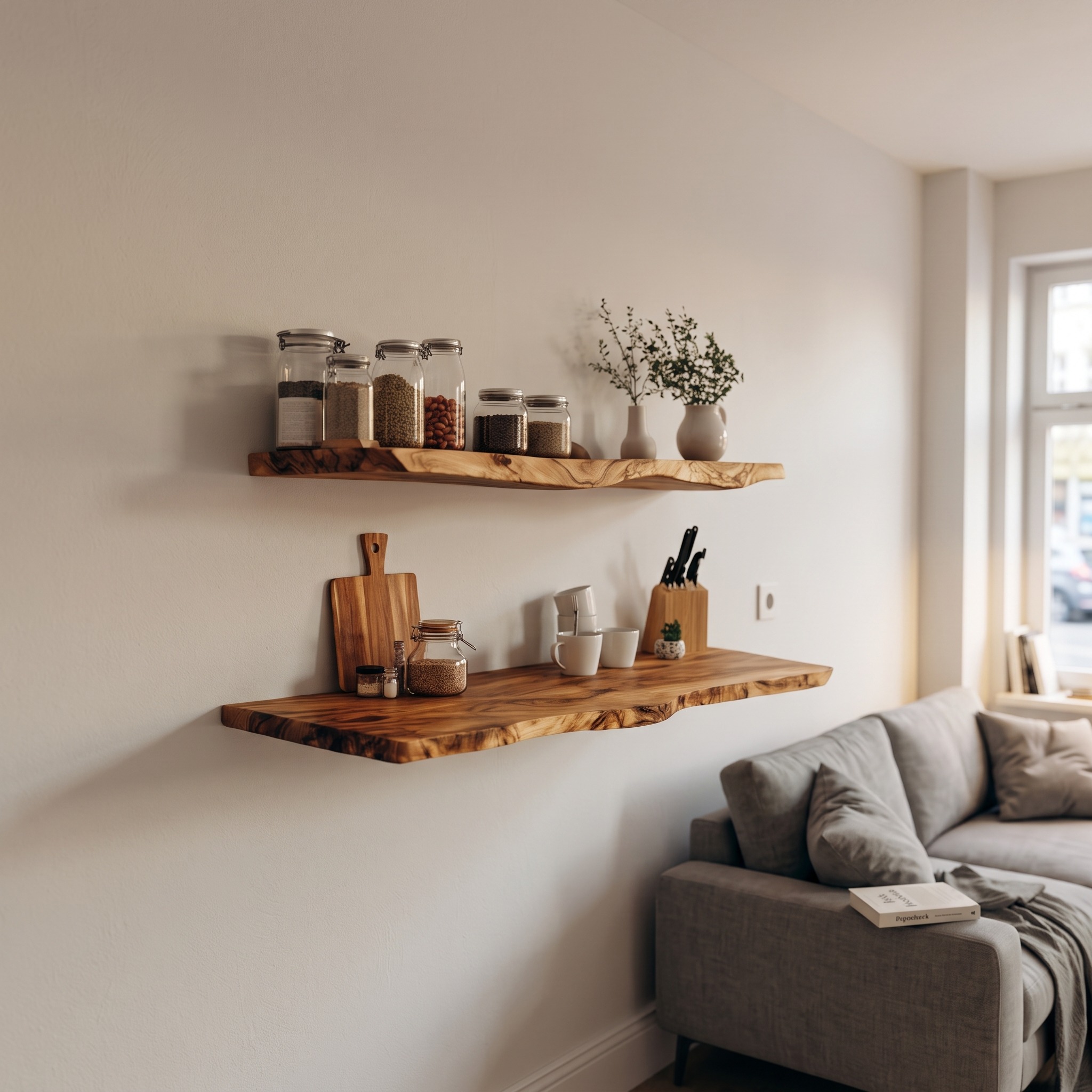 Handcrafted Live Edge Wood Floating Shelf, Wall Mounted Storage Organizer & Rustic Kitchen Tableware Decorative Display