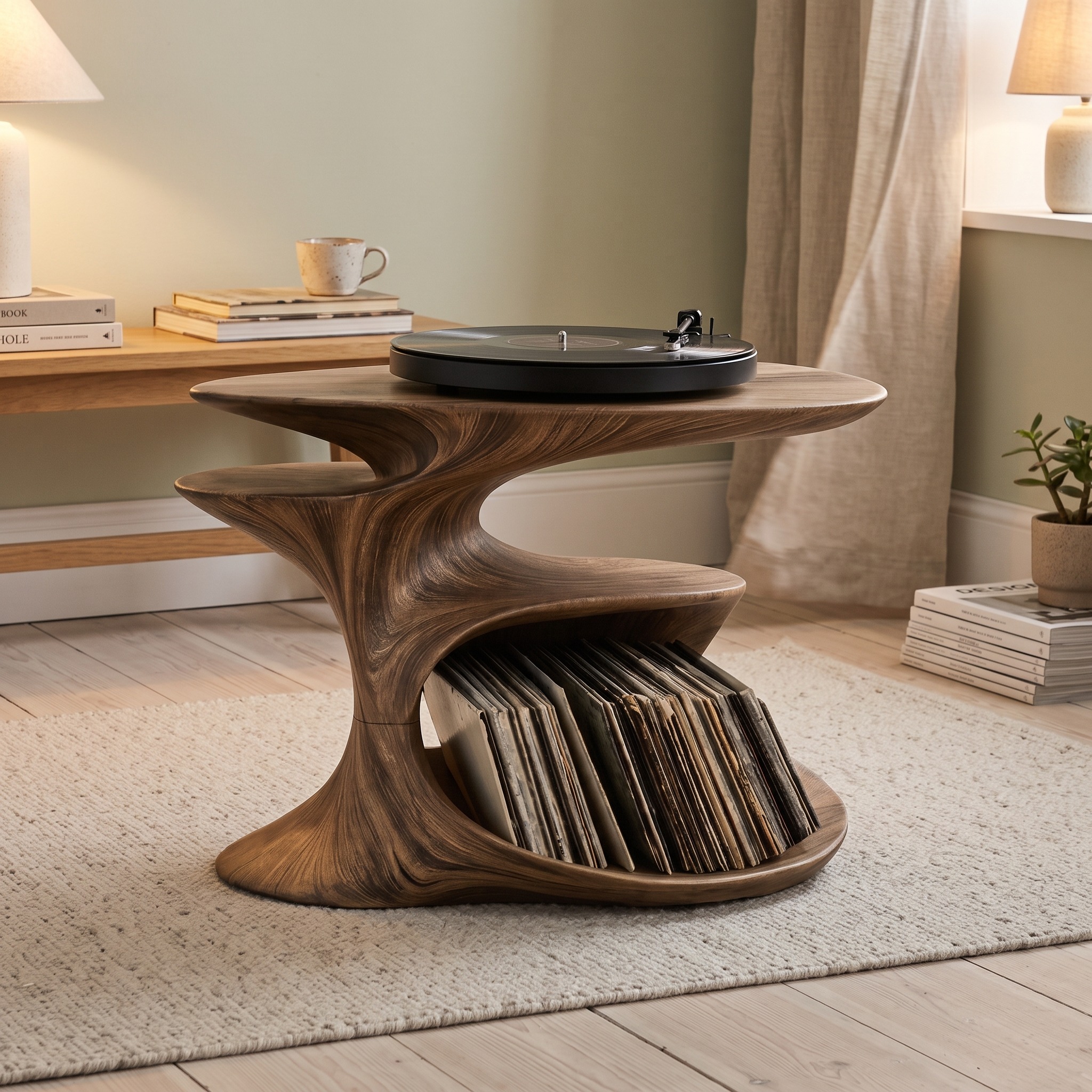 Handcrafted Live Edge Wooden Record Stand, Vinyl Storage Console Cabinet, Rustic Turntable Player Stand Organizer