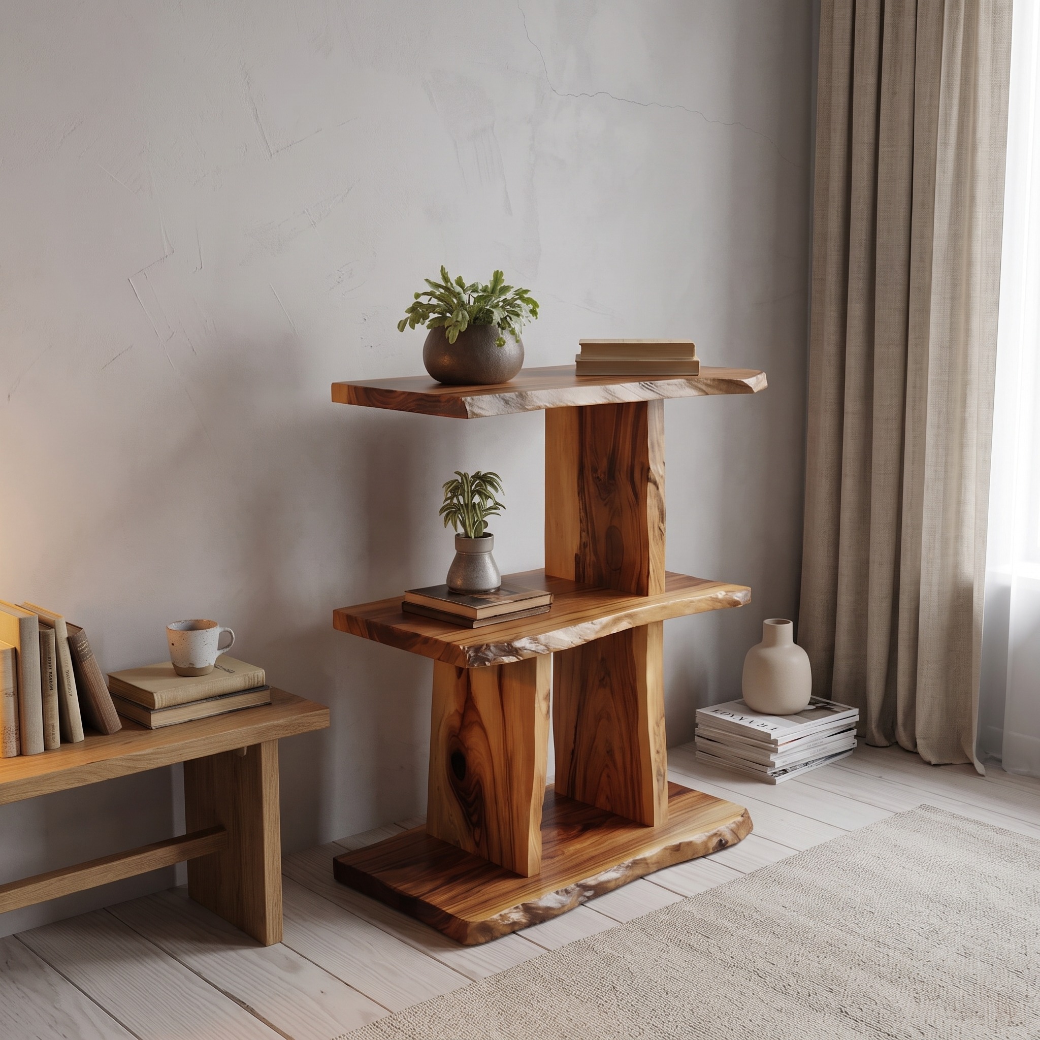 Handcrafted Live Edge Wooden Standing Shelf, Rustic Solid Wood Multi-Tier Display Rack for Bedroom Storage Decor