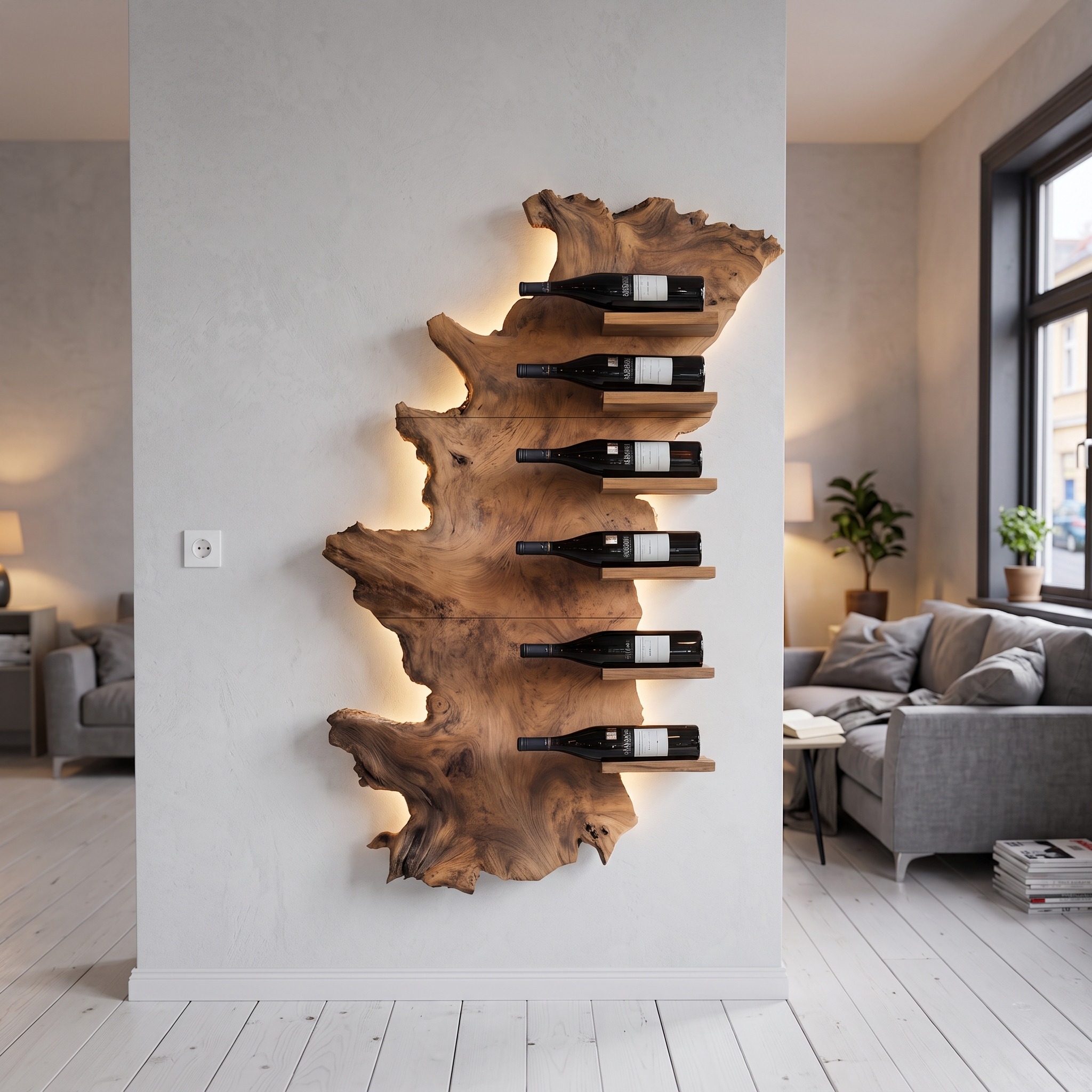 Handcrafted Live Edge Wooden Wine Holder, Rustic Solid Wood Bottle Storage Shelf for Bar Display