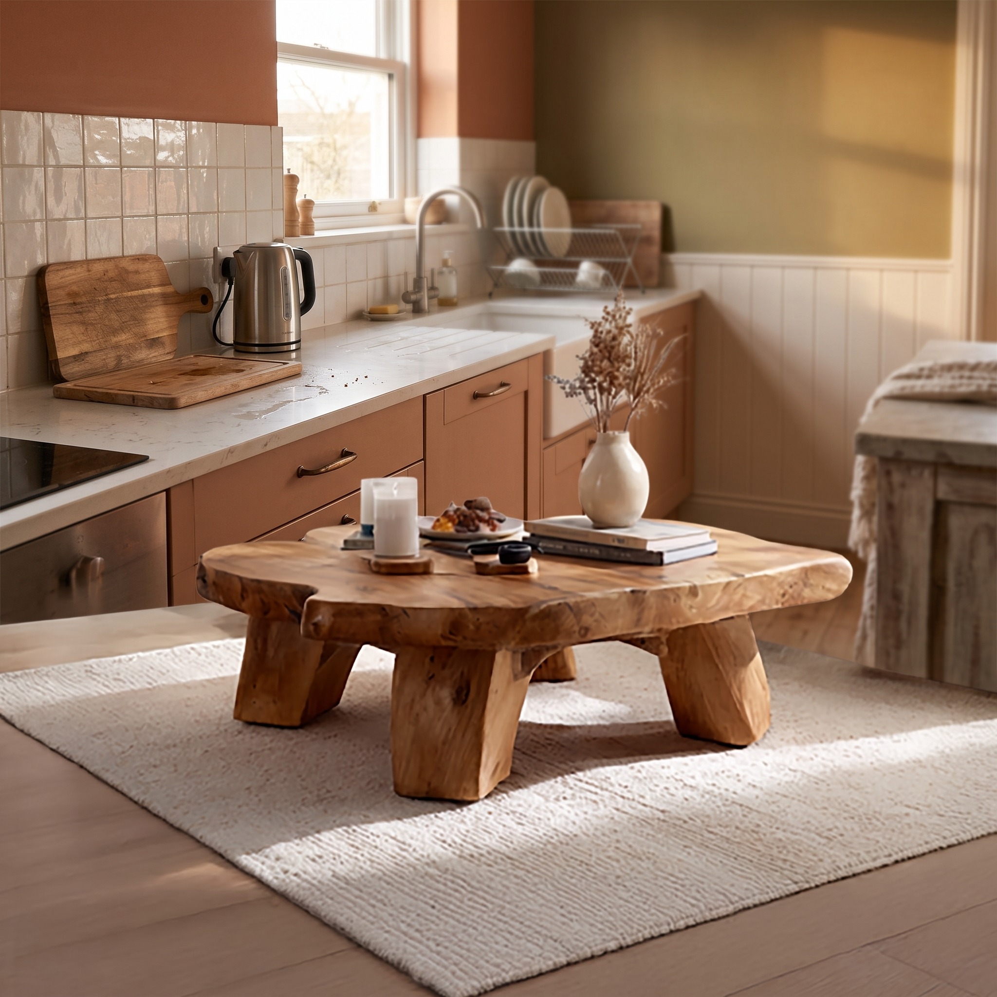 Handcrafted Mediterranean Solid Wood Coffee Table, Rustic Organic Center Table for Cozy Living Room Interiors