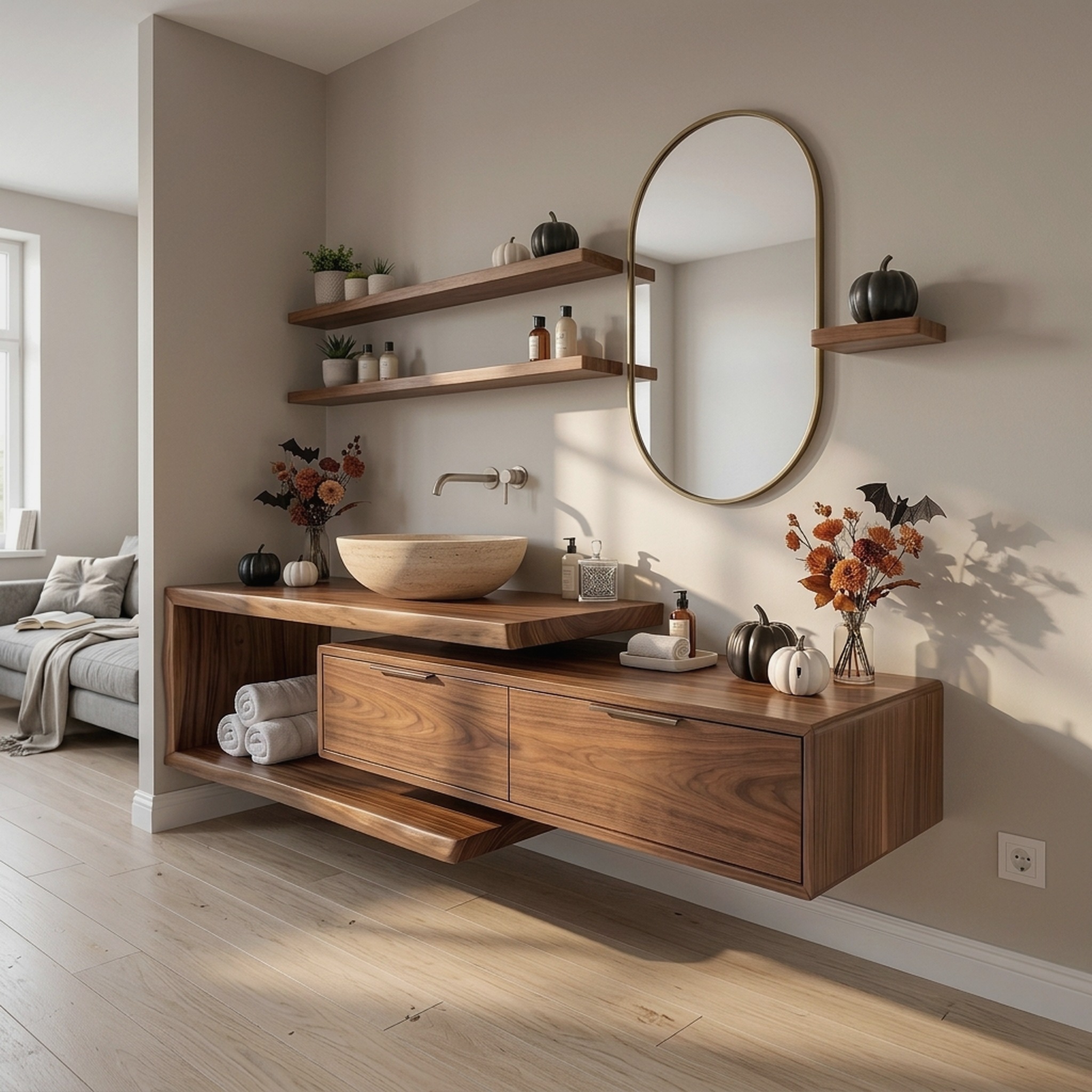 Handcrafted Mid Century Floating Vanity Primary Ensuite