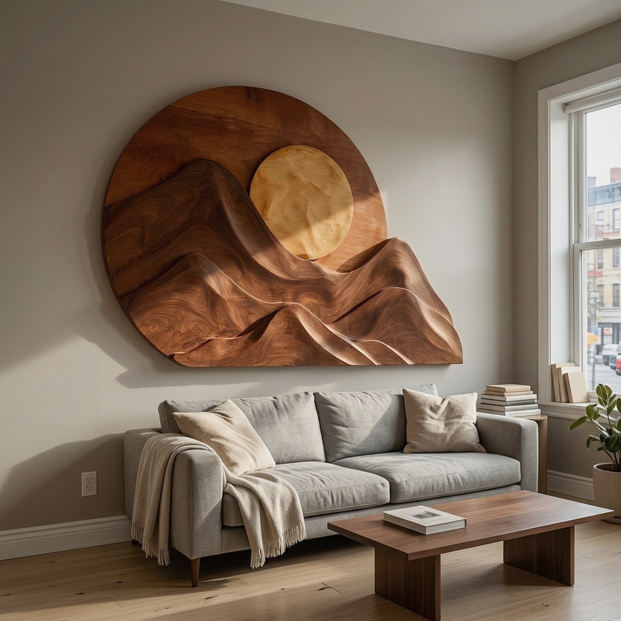 Handcrafted Mountain Sun Wood Wall Art for Living Room