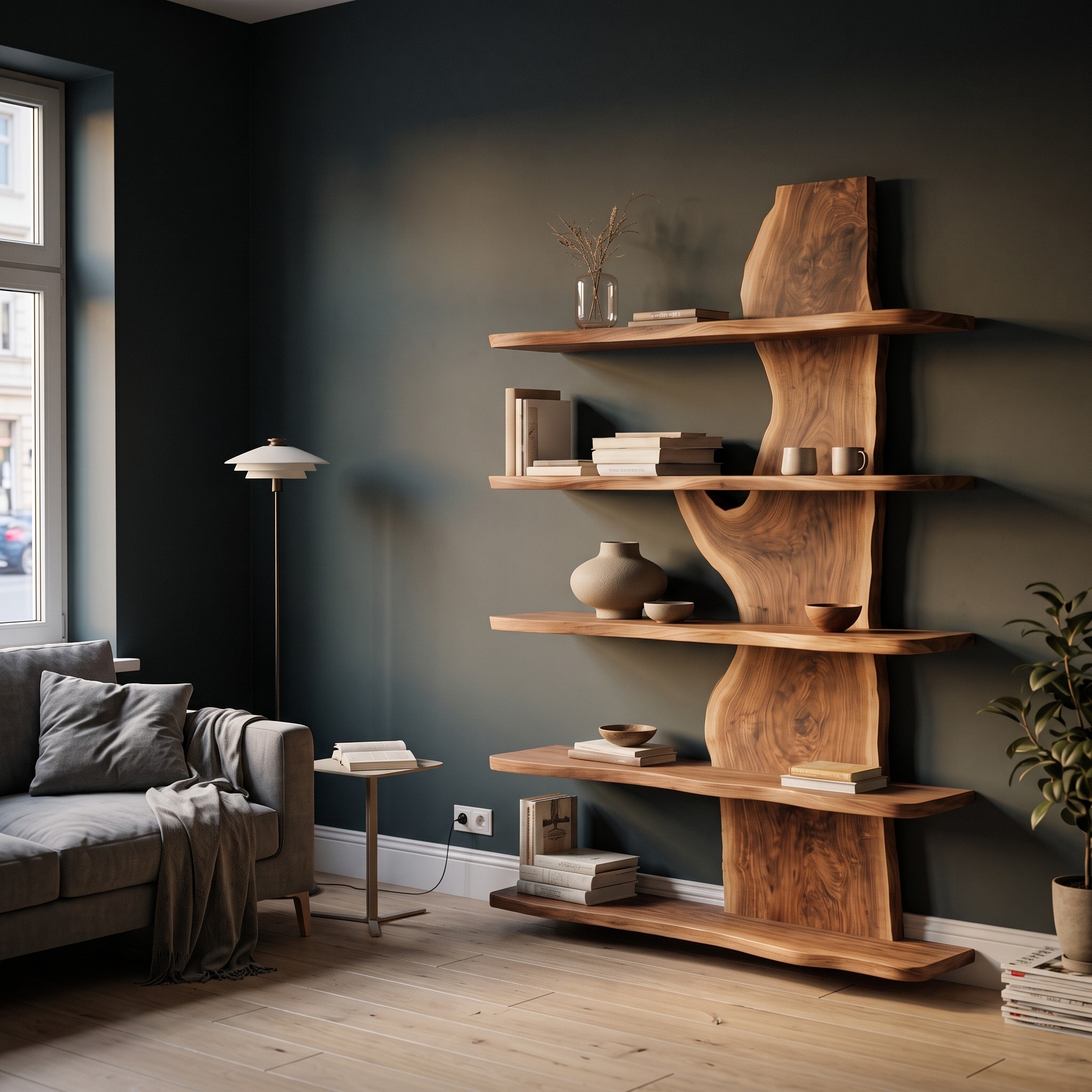 Handcrafted Natural Wood Standing Shelf, Rustic Tiered Bookcase Display Organizer, Artisan Timber Storage Rack