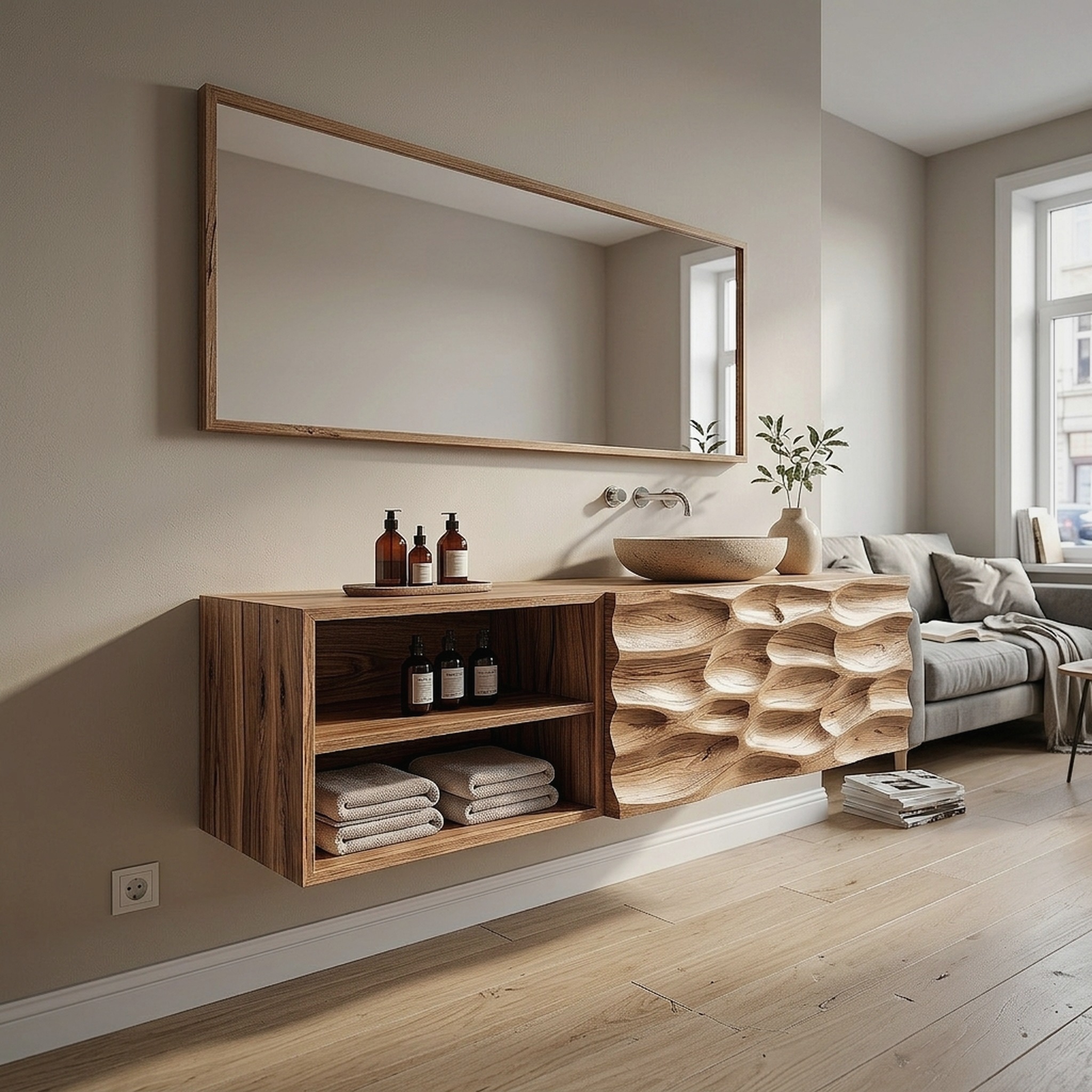 Handcrafted Organic Bathroom Vanity with Floating Storage Cabinet for Bathroom
