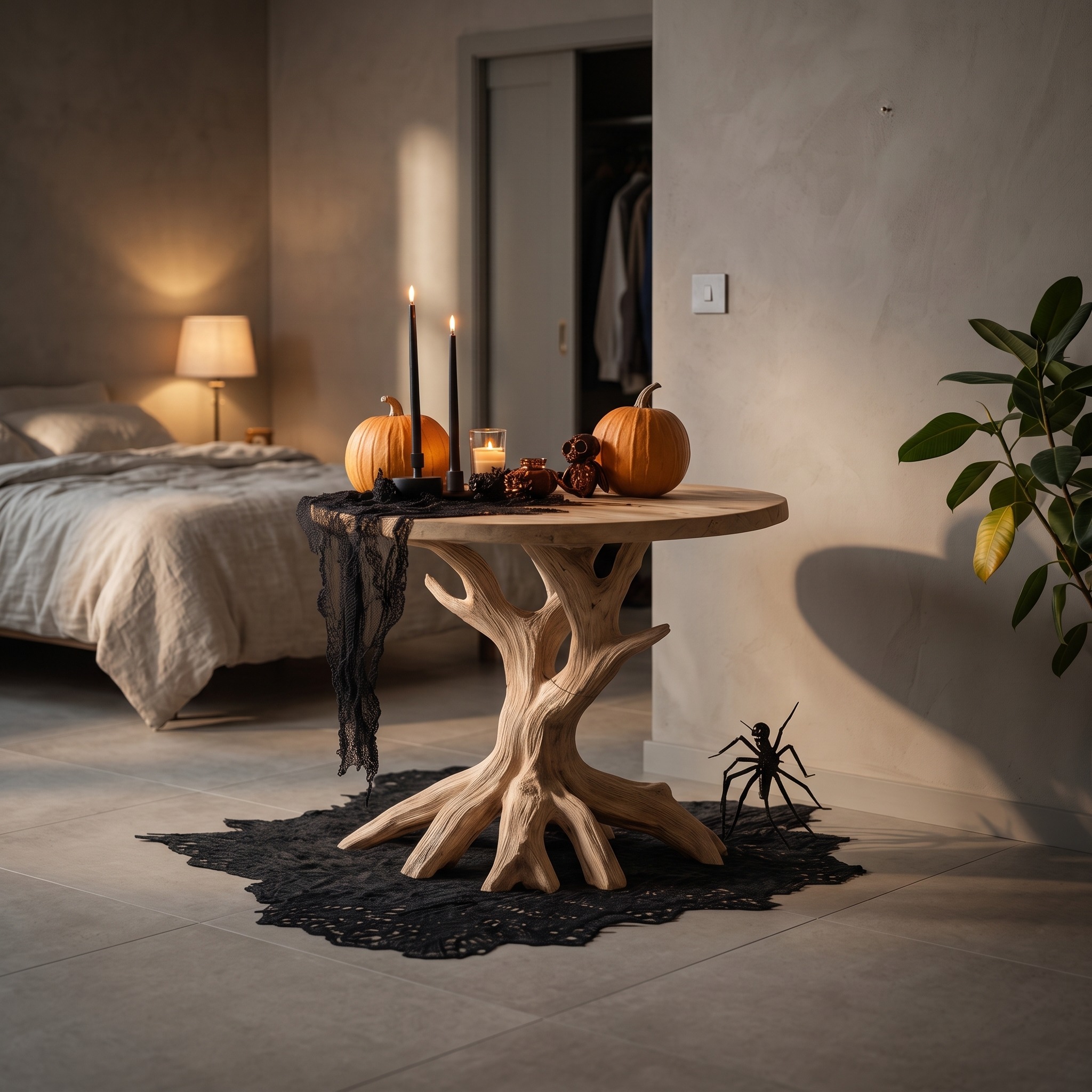 Handcrafted Round End Table, Solid Wood Side Table, Spooky Gothic Pumpkin Design Nightstand for Living Room Decor