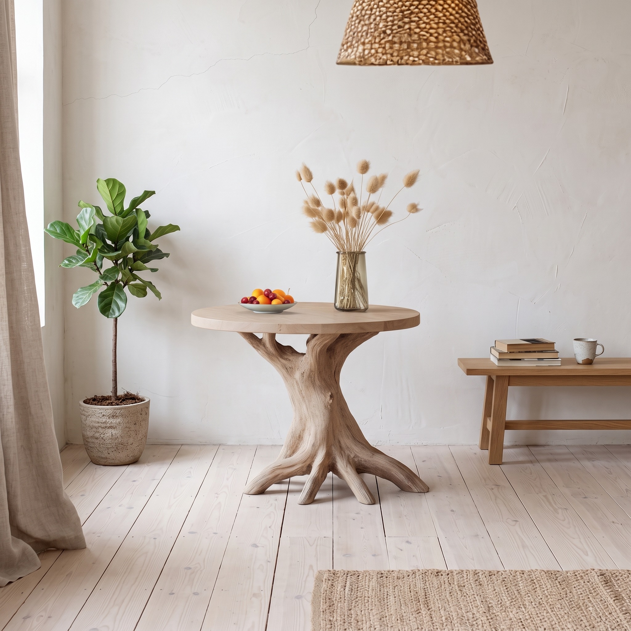 Handcrafted Round End Table with Storage, Solid Wood Accent Bedside Nightstand for Living Room & Bedroom