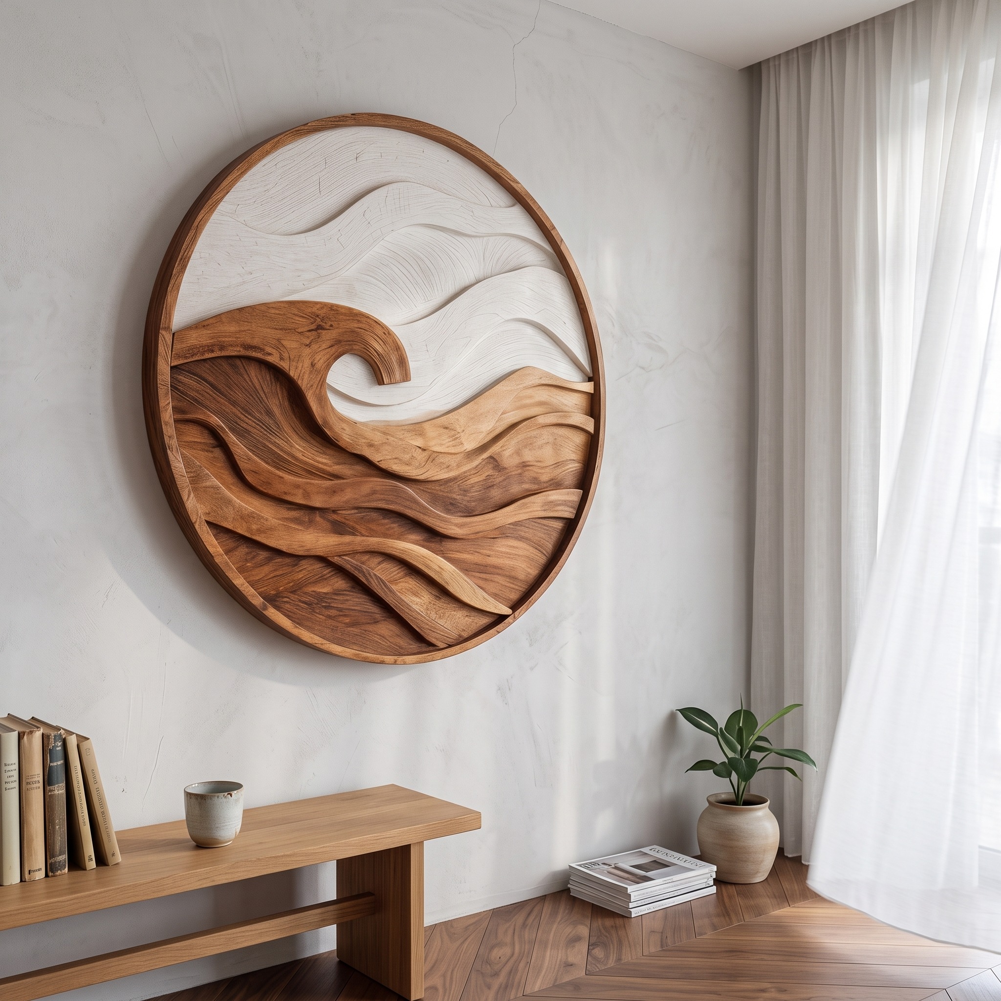 Handcrafted Round Wave Wall Art, 3D Ocean Ripple Carved Wooden Circular Panel for Bedroom & Living Room Decor