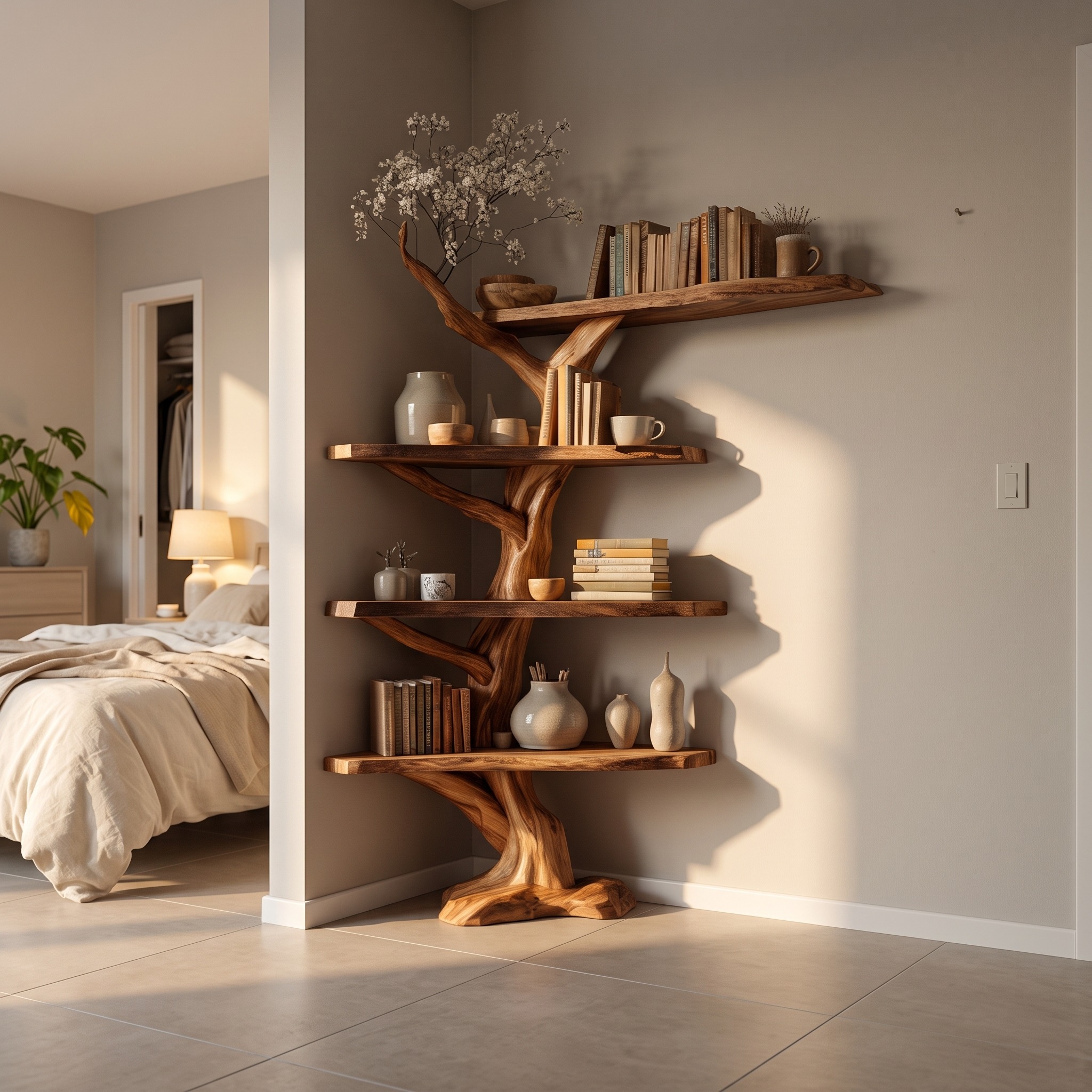 Handcrafted Rustic Corner Floating Shelf, Wooden Branch Storage Organizer & Artistic Wall Display for Cozy Living Room