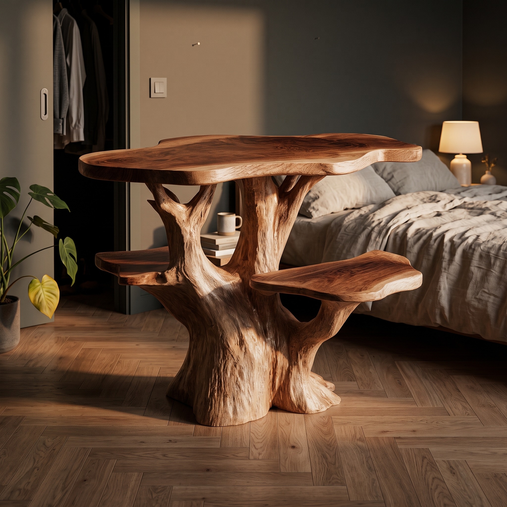 Handcrafted Rustic Wood Sculptural Nightstand, Unique Bedside Table & Accent End Table for Bedroom Home Decor