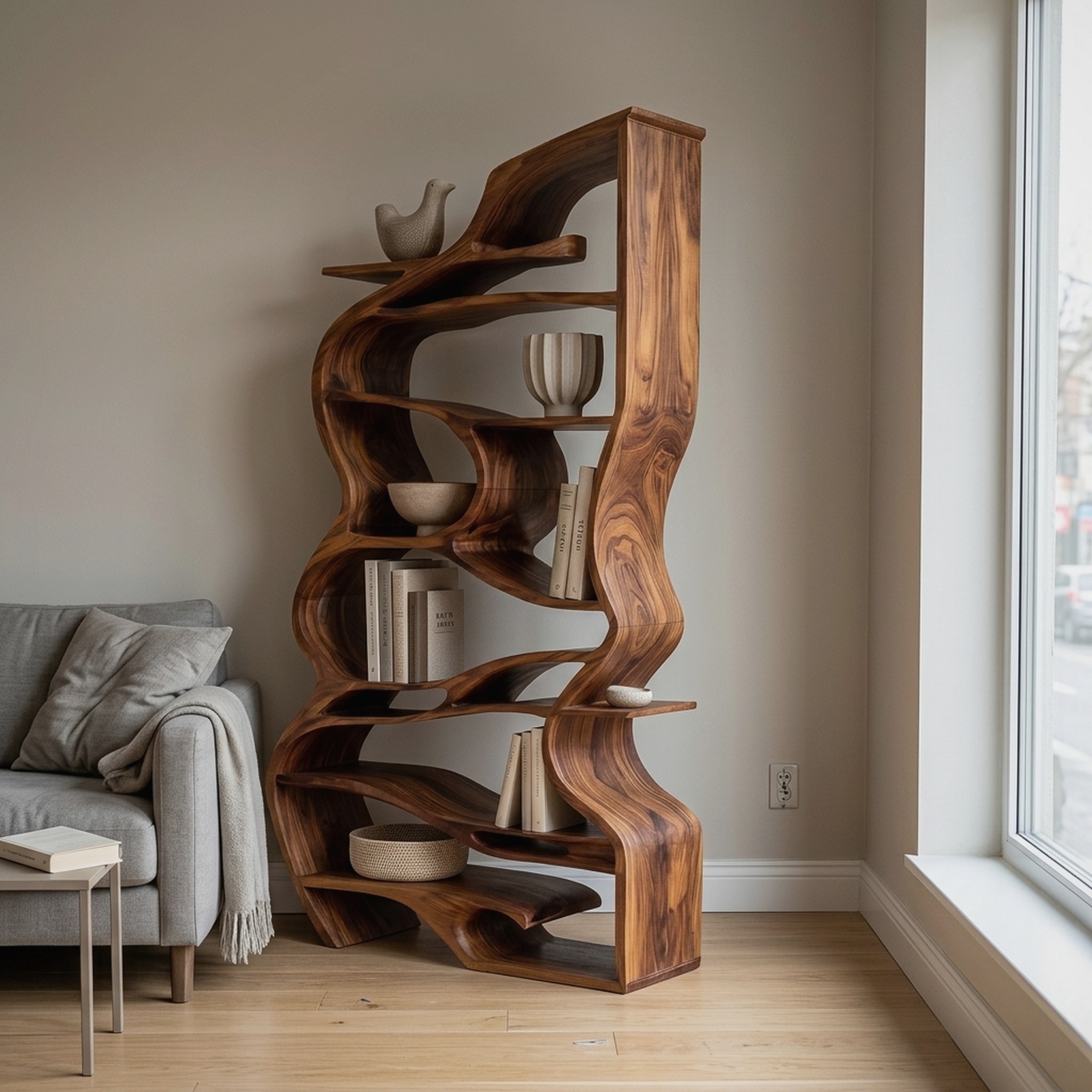 Handcrafted Sculpted Bookshelf with Organic Design for Living Room or Office