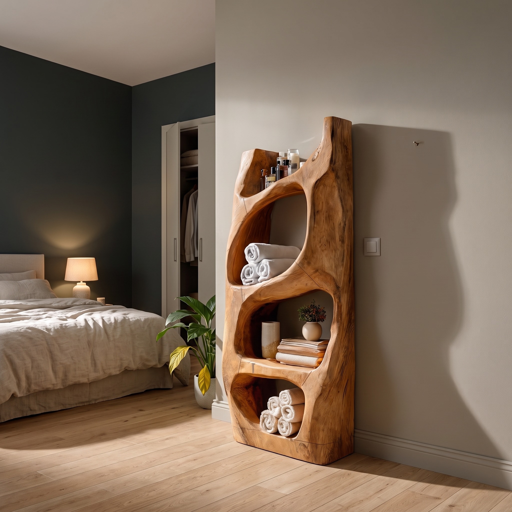 Handcrafted Sculptural Bathroom Shelf, Floating Wood Towel Holder & Spa Toiletries Storage Organizer
