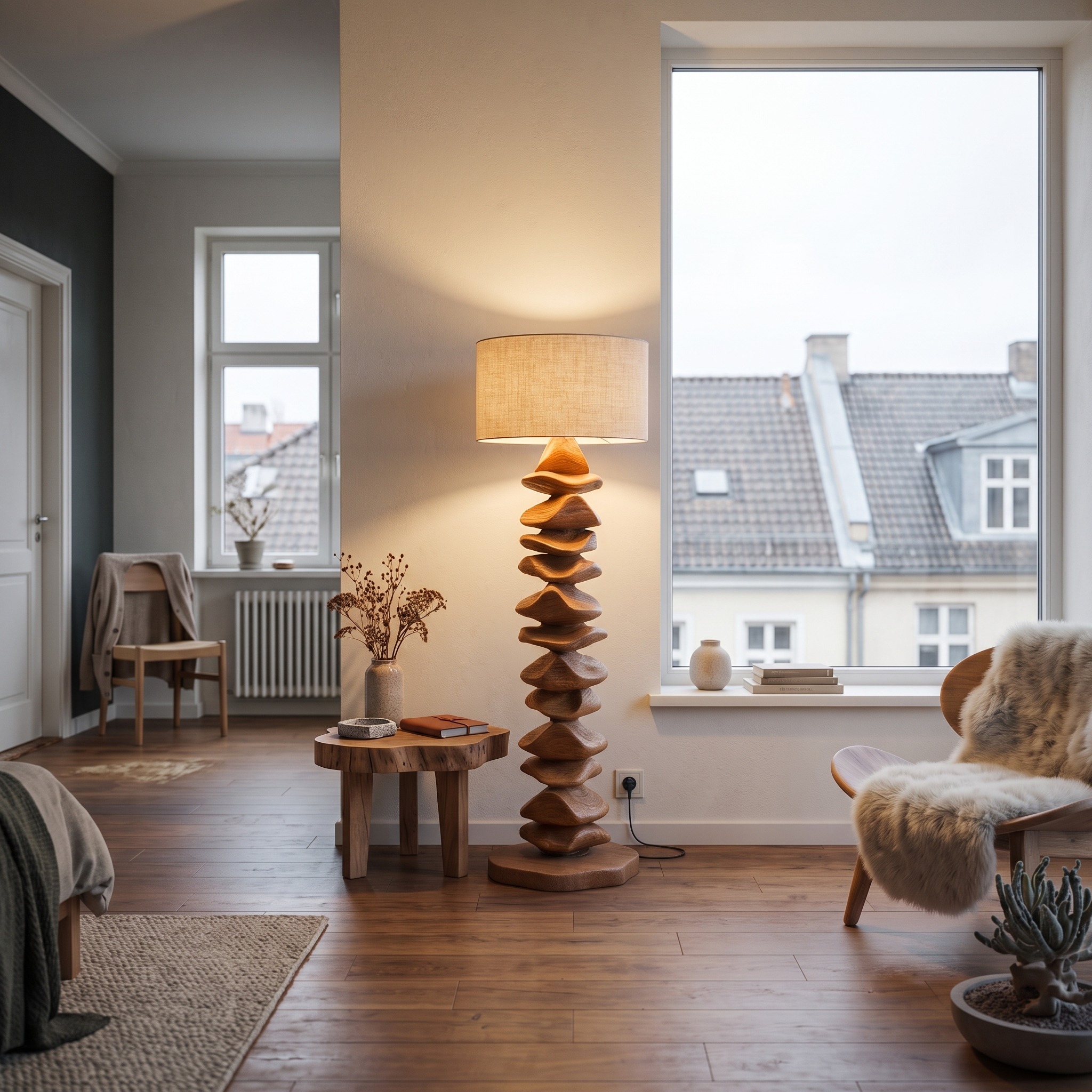 Handcrafted Sculptural Floor Lamp, Solid Wood Standing Light with Carved Base for Living Room & Bedroom