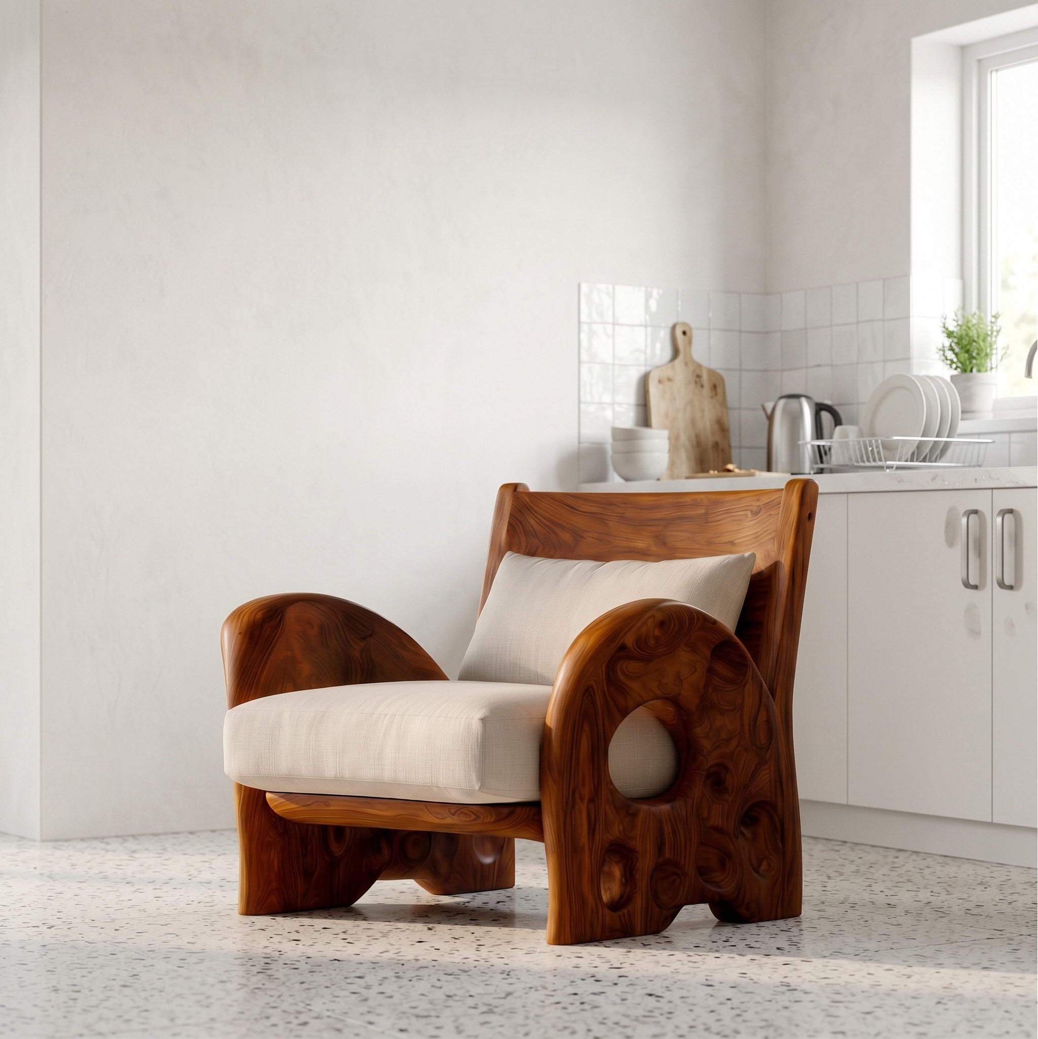 Handcrafted Sculptural Wooden Armchair, Modern Solid Wood Accent Lounge Chair for Living Room