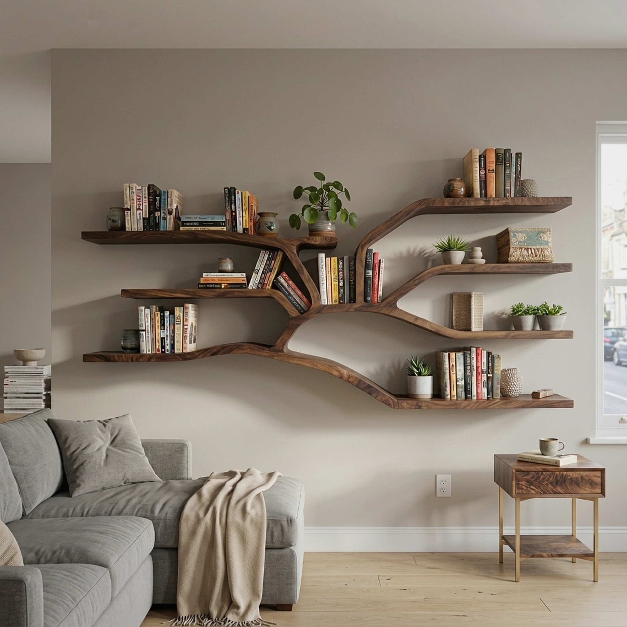 Handcrafted Sculptural Wooden Bookshelf for Living Room Decor