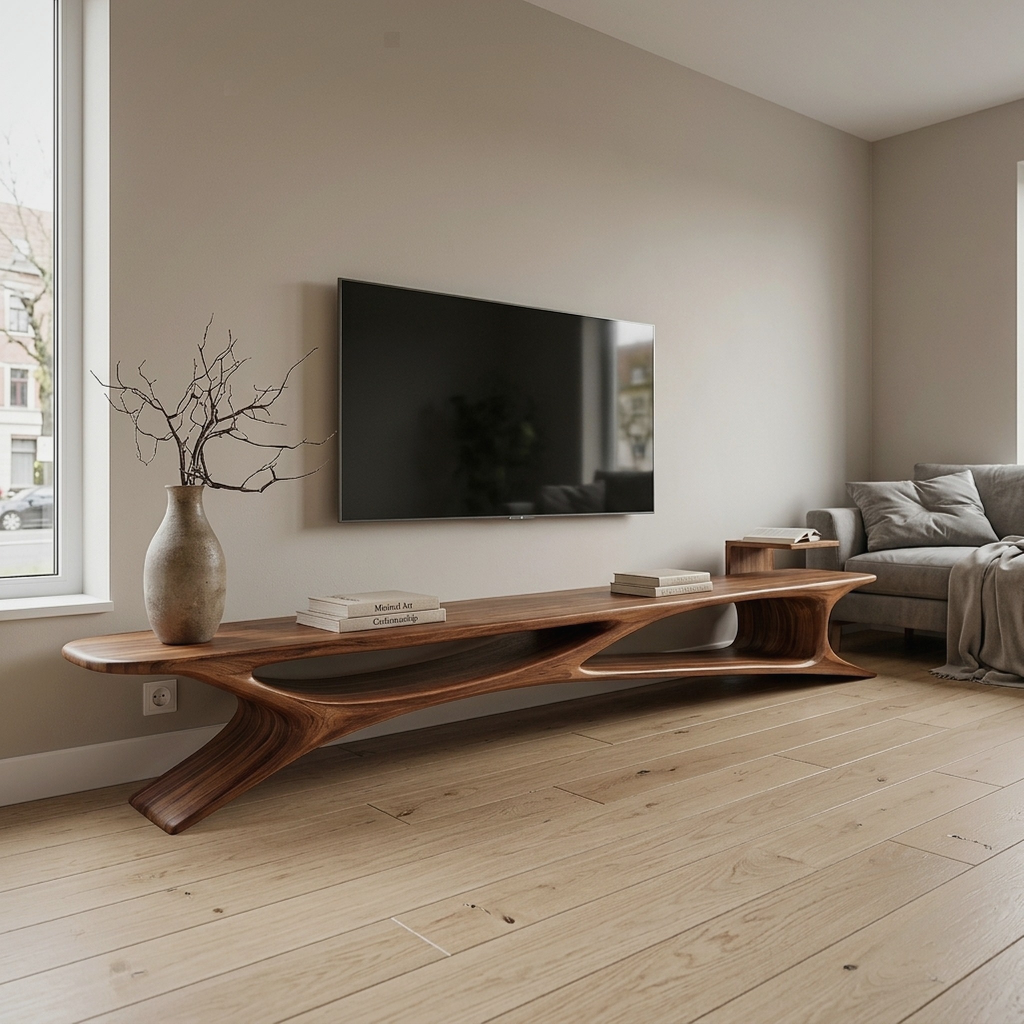 Handcrafted Sculptural Wooden TV Stand for Living Room